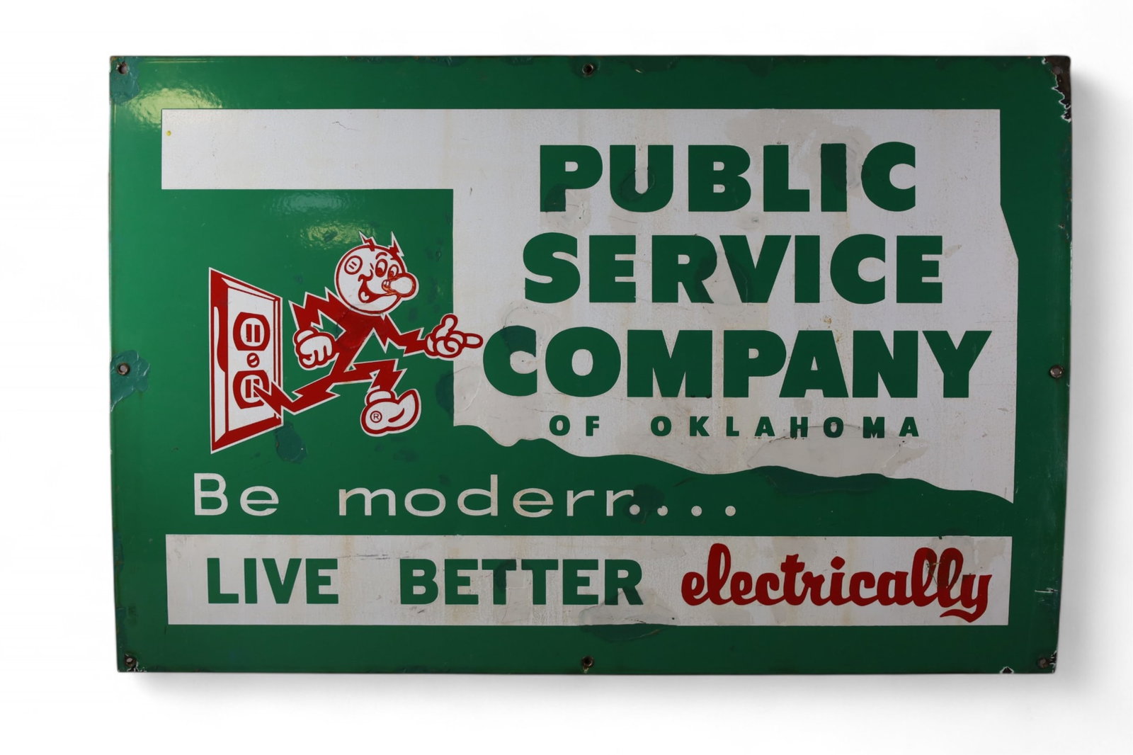 READY KILOWATT SIGN: SINGLE SIDED PORCELAIN READY KILOWATT PUBLIC SERVICE CO OF OKLAHOMA. TOUCH UP ALONG EDGES AND FIELD. 36" x 24"