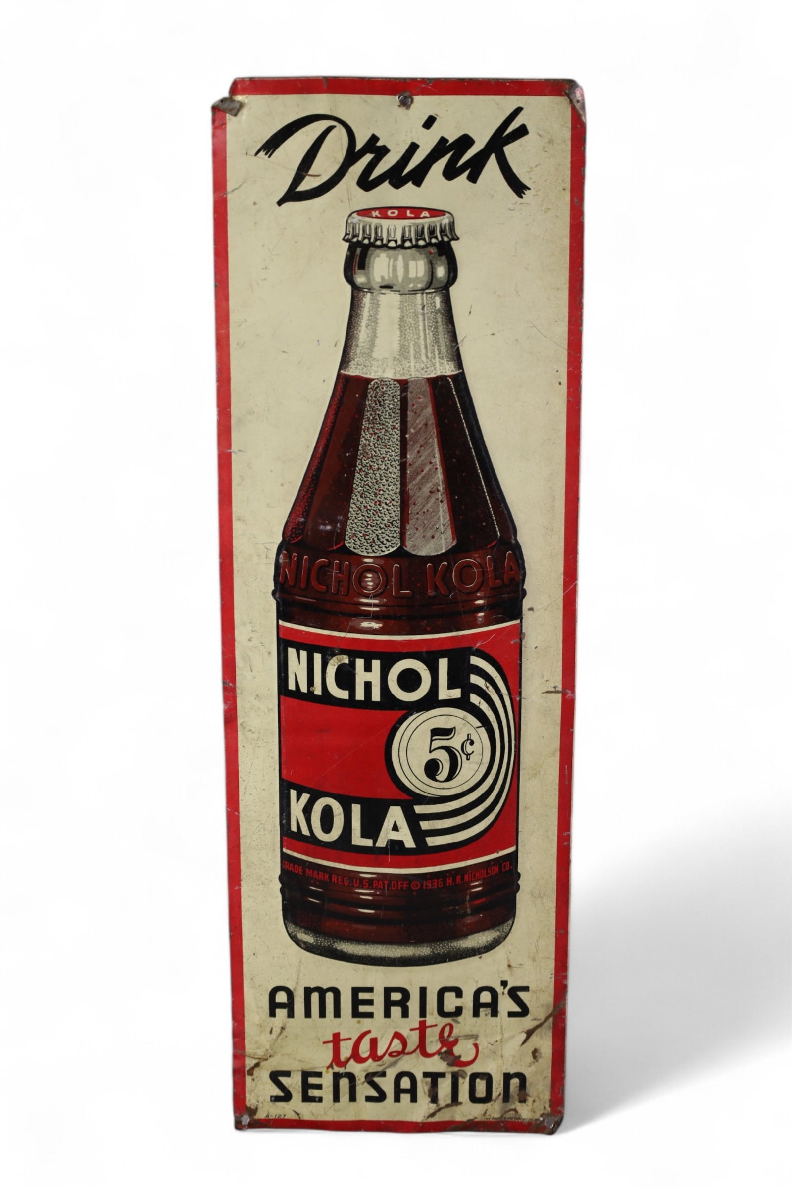NICHOL COLA SIGN: SINGLE SIDED TIN NICHOL COLA SIGN, BENDS TO CORNERS, SCRATCHES. 8" x 24"