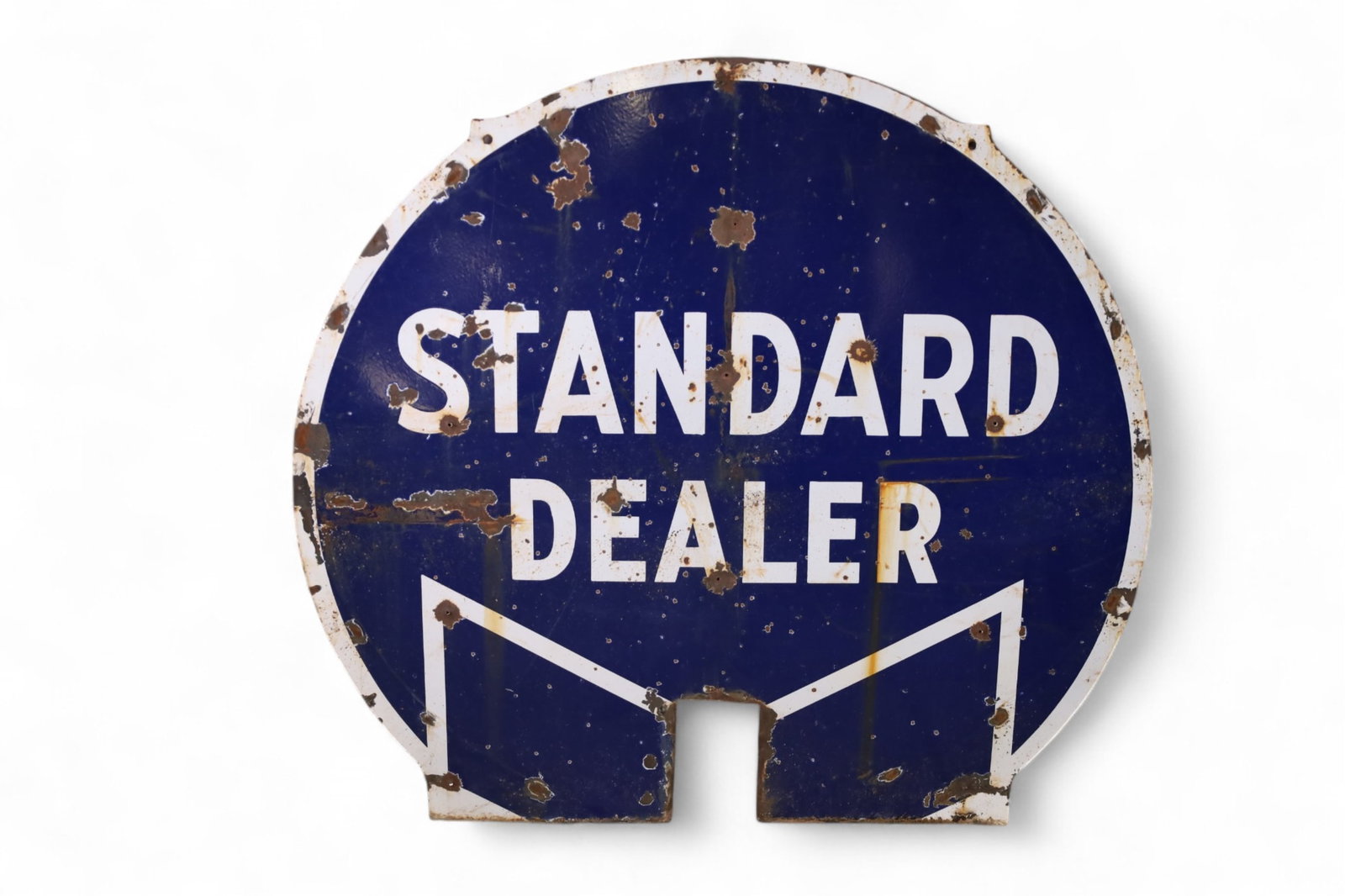 STANDARD OIL DEALER SIGN: AS FOUND LARGE SINGLE SIDED PORCELAIN STANDARD OIL DEALER SIGN, CHIPS AND DINGS THROUGHOUT PORCELAIN. 47" x 44" THIS ITEM EXCEEDS SIZE LIMITATIONS FOR IN HOUSE SHIPPING, MUST BE PICKED UP IN HOUSE OR 