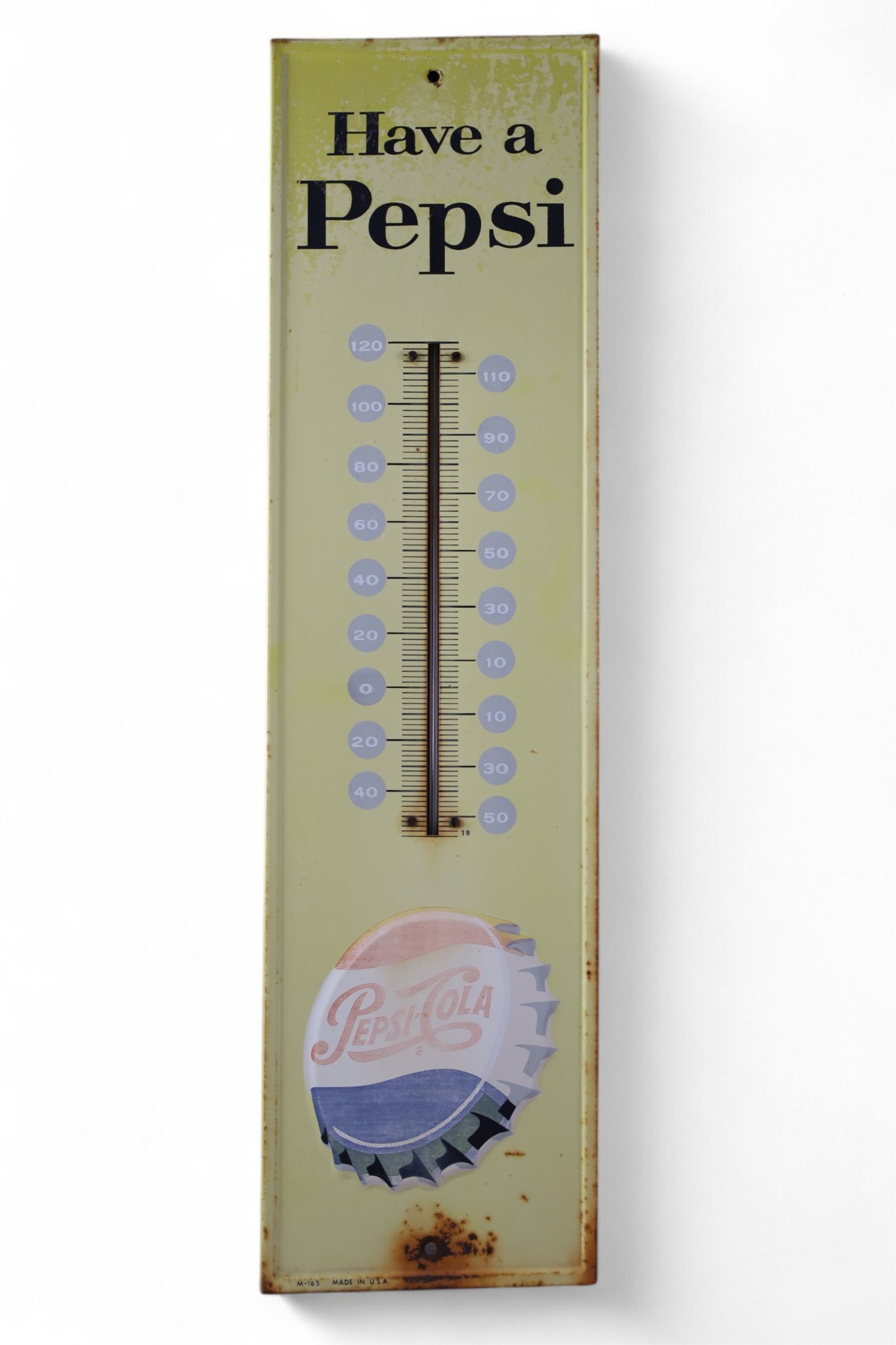 PEPSI THERMOMETER: TIN PEPSI THERMOMETER, FADED, RUST. 27" x 7"
