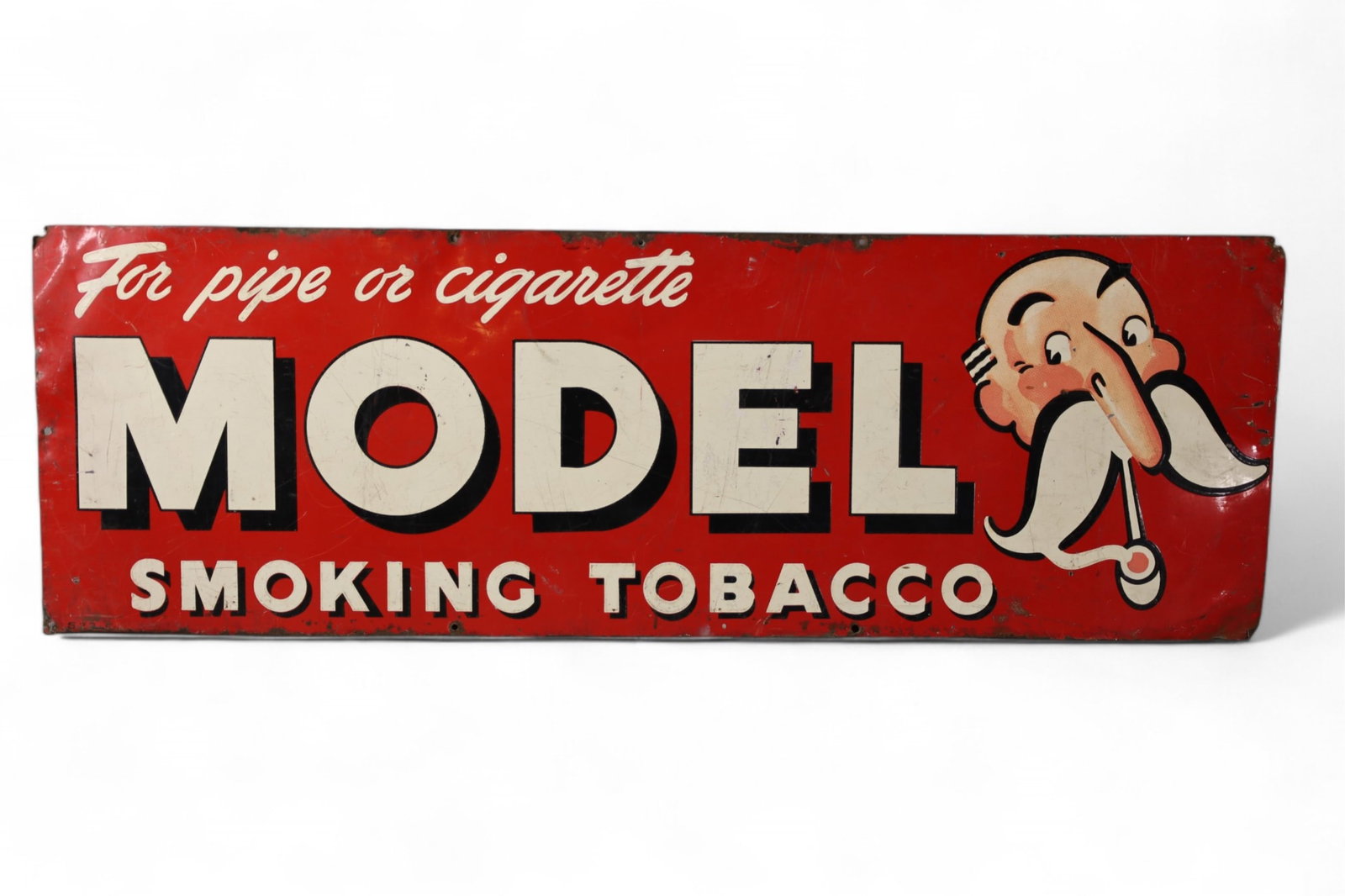MODEL TOBACCO TIN SIGN: SINGLE SIDED TIN MODEL SMOKING TOBACCO SIGN, SCRATCHES. BENDS. 34" x 11"