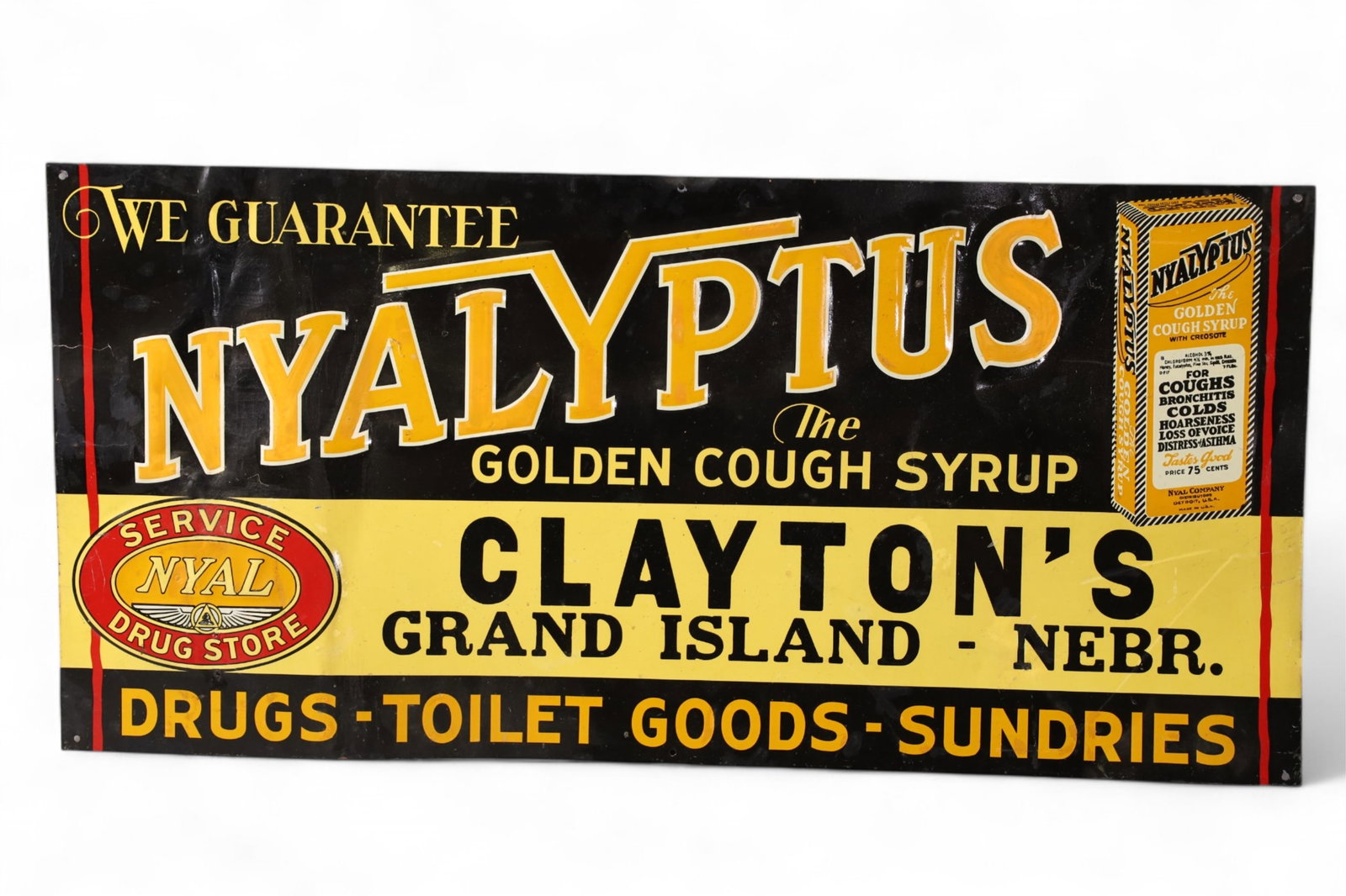 NYALYPTUS TIN SIGN: SINGLE SIDED TIN, NYALYPTUS SIGN, SCRATCHES. 27 1/2" x 13"