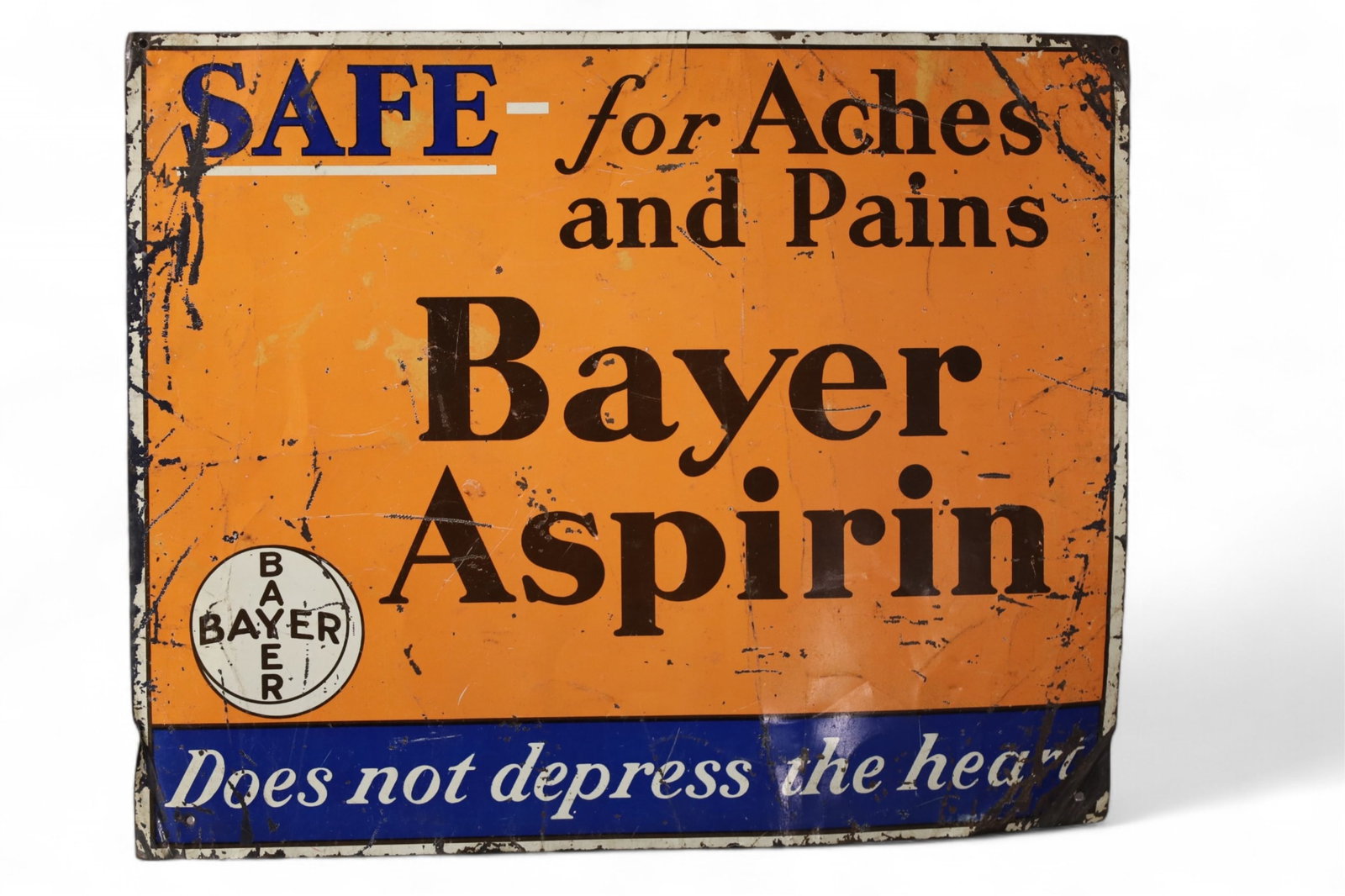 BAYER ASPRIN TIN SIGN: SINGLE SIDED TIN, BAYER ASPRIN SIGN, SCRATCHES, PAINT LOSS. 18" x 15"