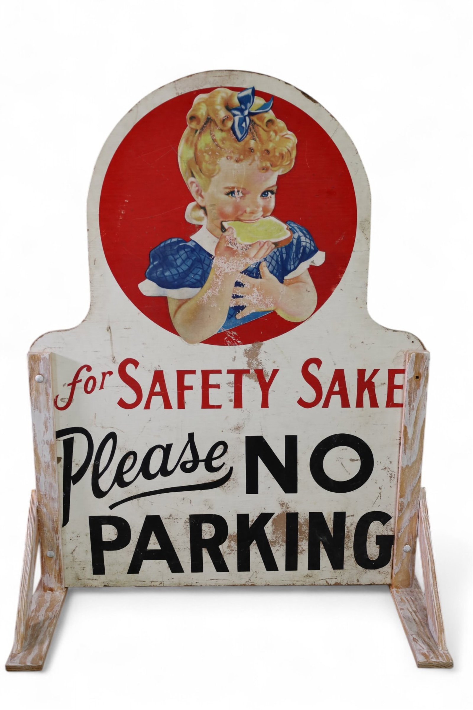 SUNBEAM CURB SIGN: LARGE PAINTED WOOD SUNBEAM CURB SIGN, NO PARKING. PAINT LOSS. 36" x 49" THIS ITEM EXCEEDS SIZE LIMITATIONS FOR IN HOUSE SHIPPING, MUST BE PICKED UP IN HOUSE OR SHIPPED VIA 3rd PARTY GROUND SHIPPER.