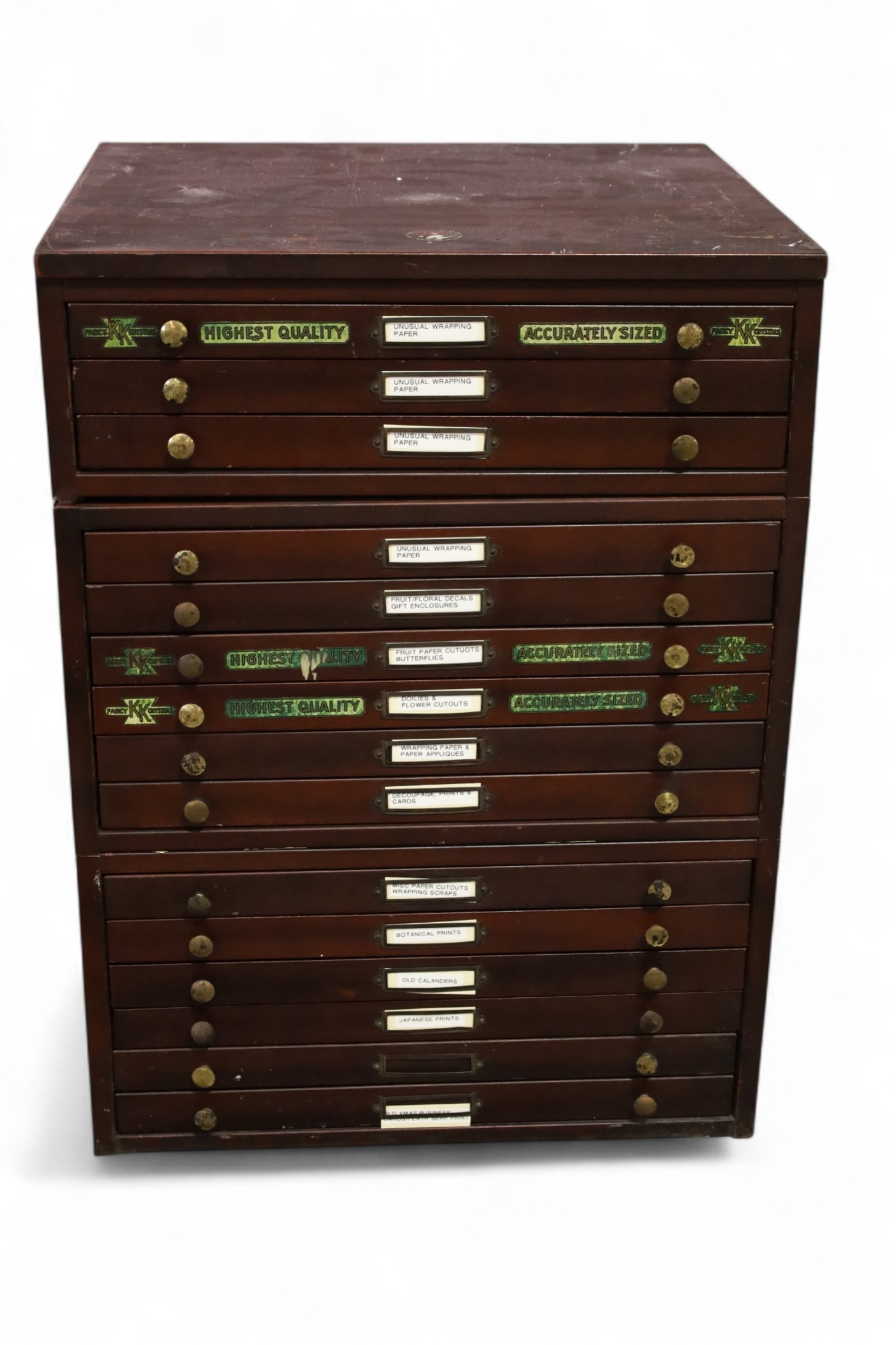 STACKING METAL CABINET: 15 DRAWER STACKING METAL CABINET MARKED KK FANCY CRYSTALS. SCRATCHES, AND SCUFFS. 18 1/2" x 16 1/2" x 25" H. THIS ITEM EXCEEDS SIZE LIMITATIONS FOR IN HOUSE SHIPPING, MUST BE PICKED UP IN HOUSE OR SHI