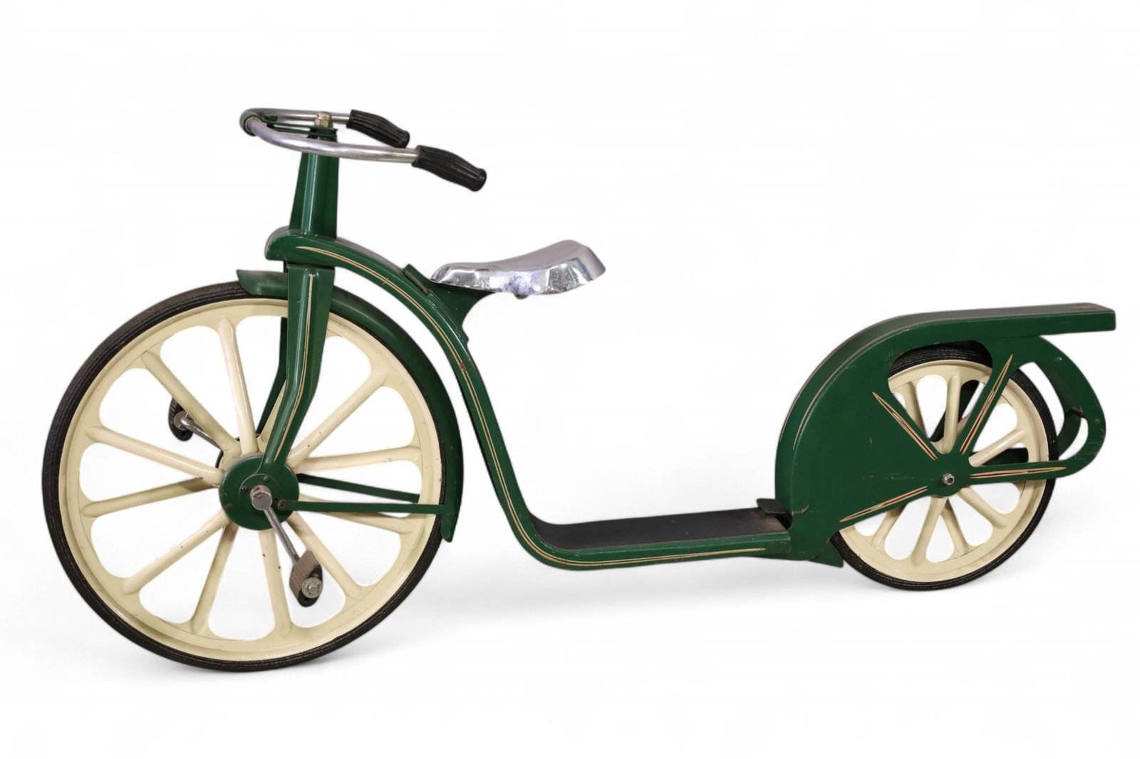 CUSTOM SCOOTER: CUSTOM MADE SCOOTER, PAINT LOSS AND DAMGE TO SPOKES. 55" L. x 28" H. THIS ITEM EXCEEDS SIZE LIMITATIONS FOR IN HOUSE SHIPPING, MUST BE PICKED UP IN HOUSE OR SHIPPED VIA 3rd PARTY GROUND SHIPPER.