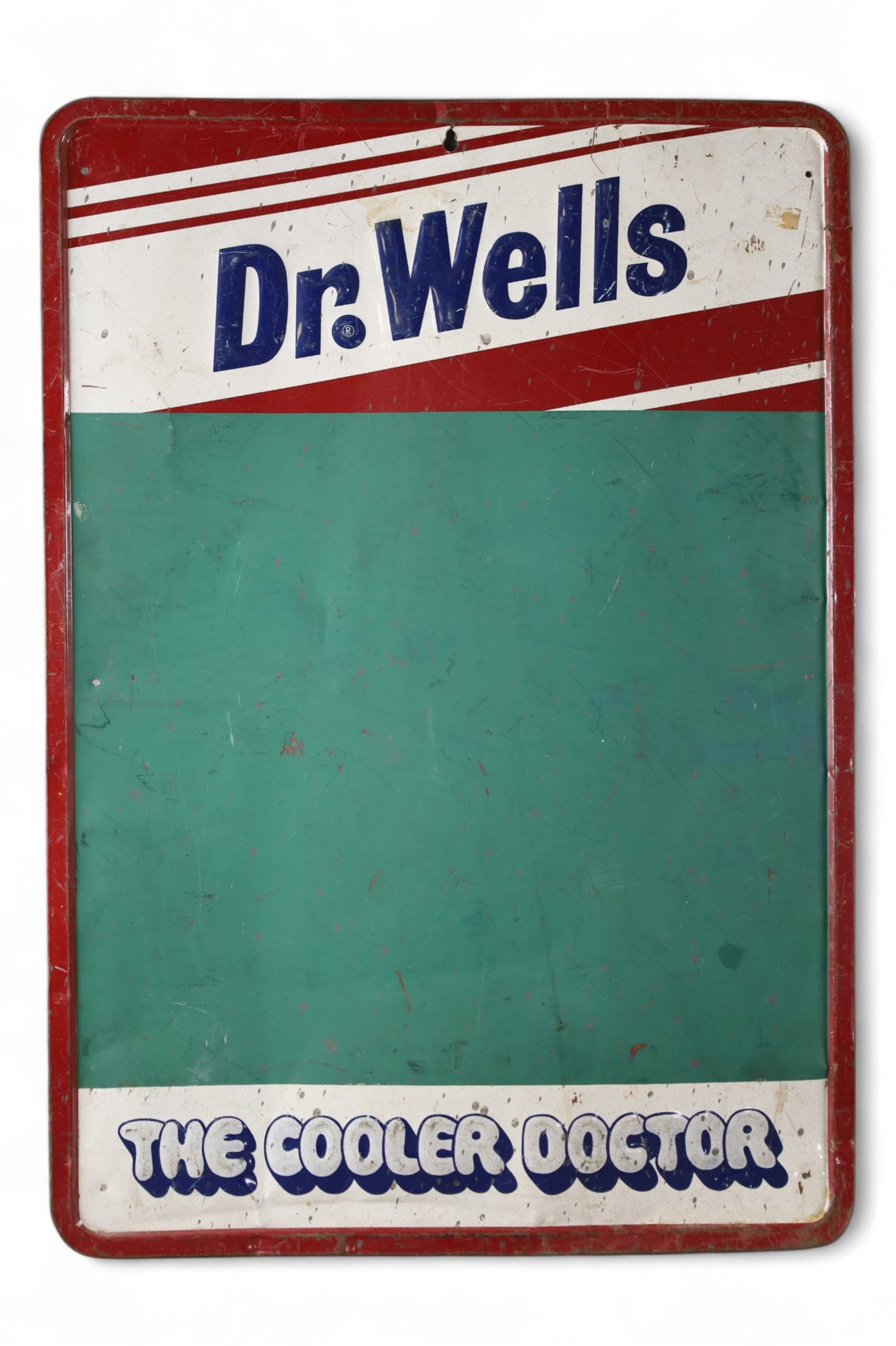 DR WELLS MENU BOARD: THE COOLER DOCTOR DR WELLS MENU BOARD, SCRATCHES, PAINT LOSS. 19" x 27"