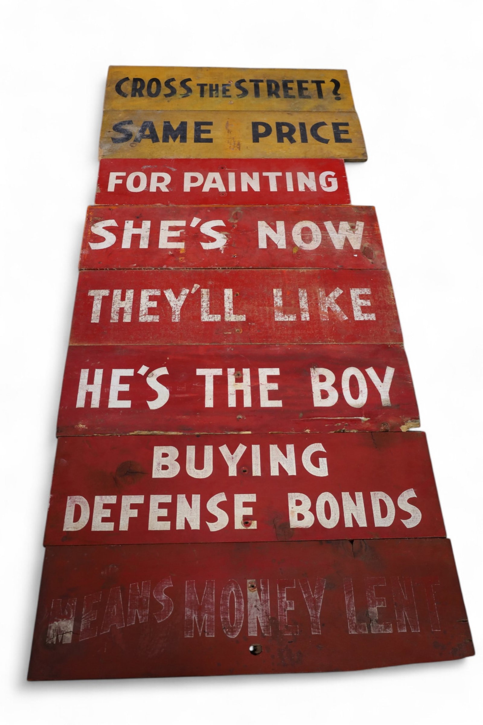 8 BURMA SHAVE WOODEN SIGNS: PAINTED WOOD BURMA SHAVE SIGNS, PAINT LOSS, BREAKS IN SIGNS, AGE SPLITS. 39" x 17" THIS ITEM EXCEEDS SIZE LIMITATIONS FOR IN HOUSE SHIPPING, MUST BE PICKED UP IN HOUSE OR SHIPPED VIA 3rd PARTY GROUND 