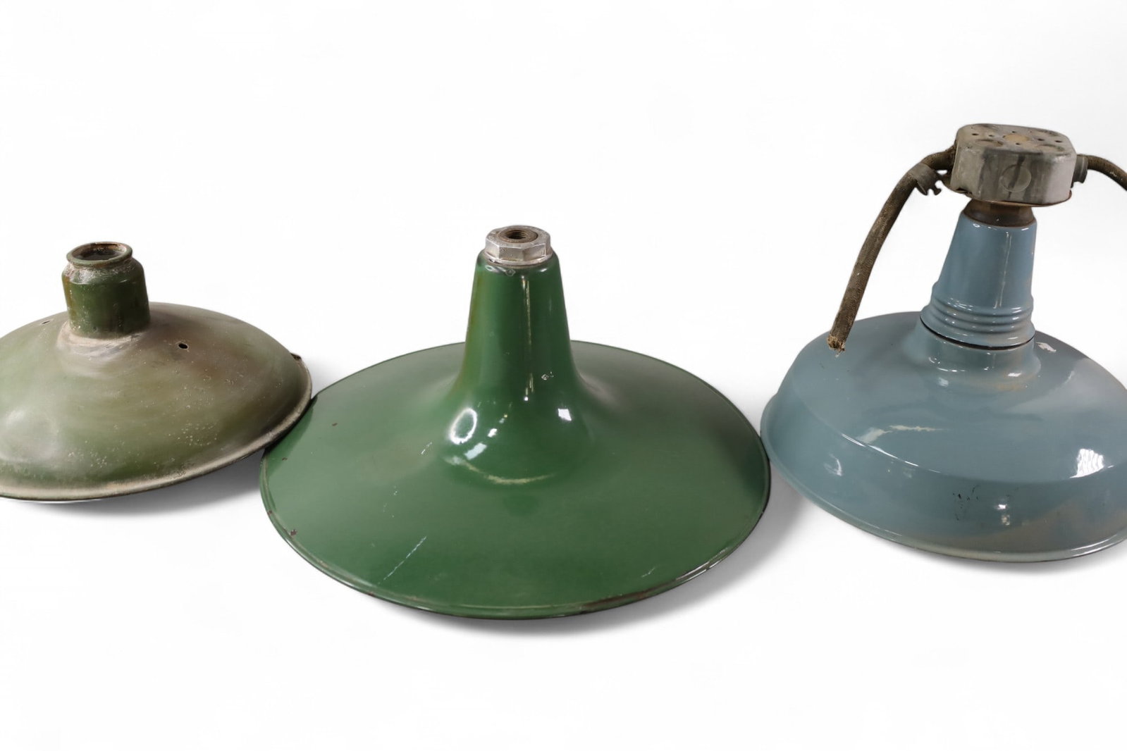 3 SERVICE STATION LIGHTS: GREY AND GREEN ENAMEL SERVICE STATION LIGHTS, 14" DIAM - 18"