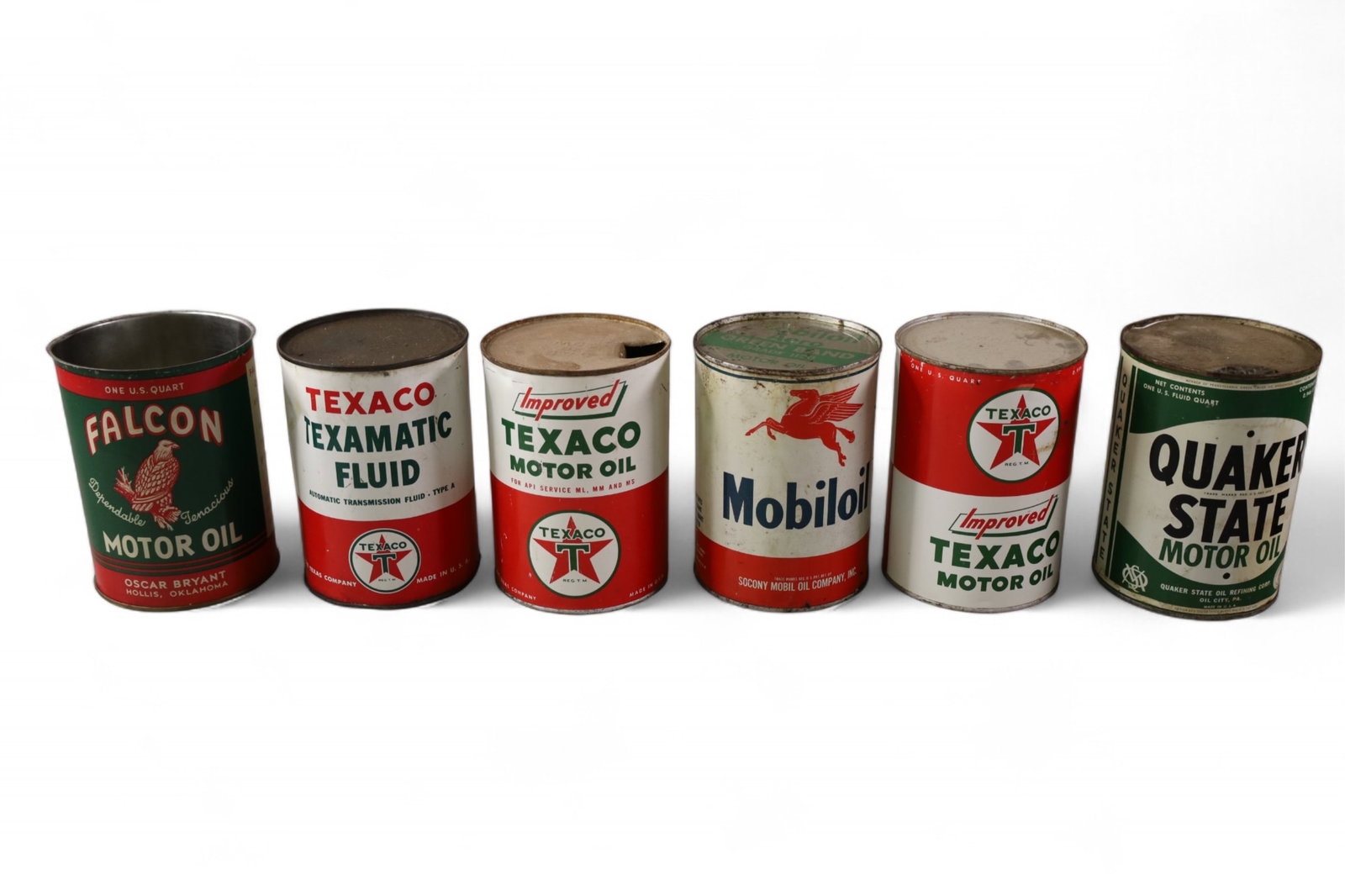 6 QUART OIL CANS: TEXACO, MOBILOIL, FALCON, QUAKER STATE.