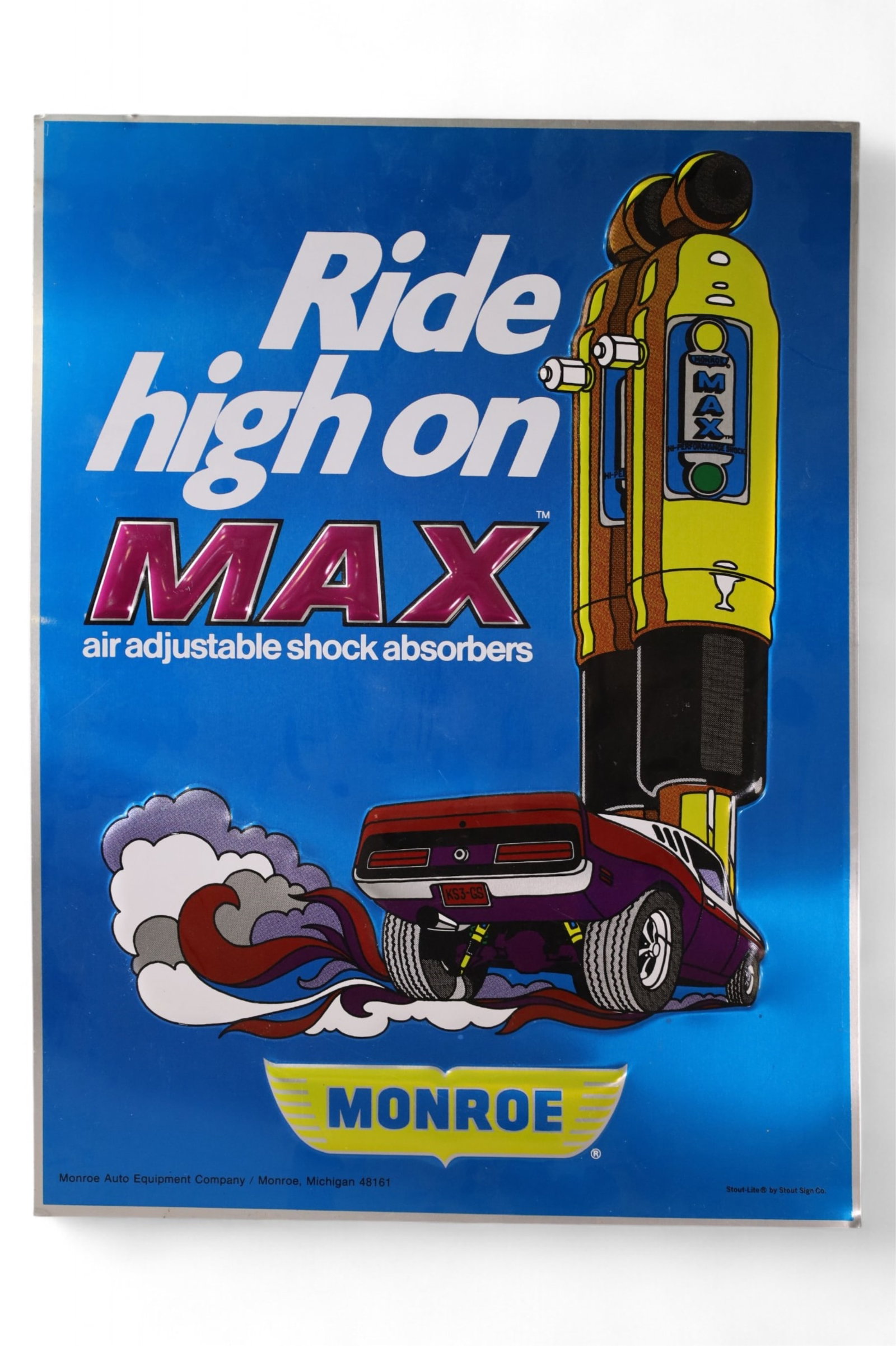 MONROE MAX TIN SIGN: SINGLE SIDED TIN MONROE MAX EMBOSSED SIGN, 18" x 24"