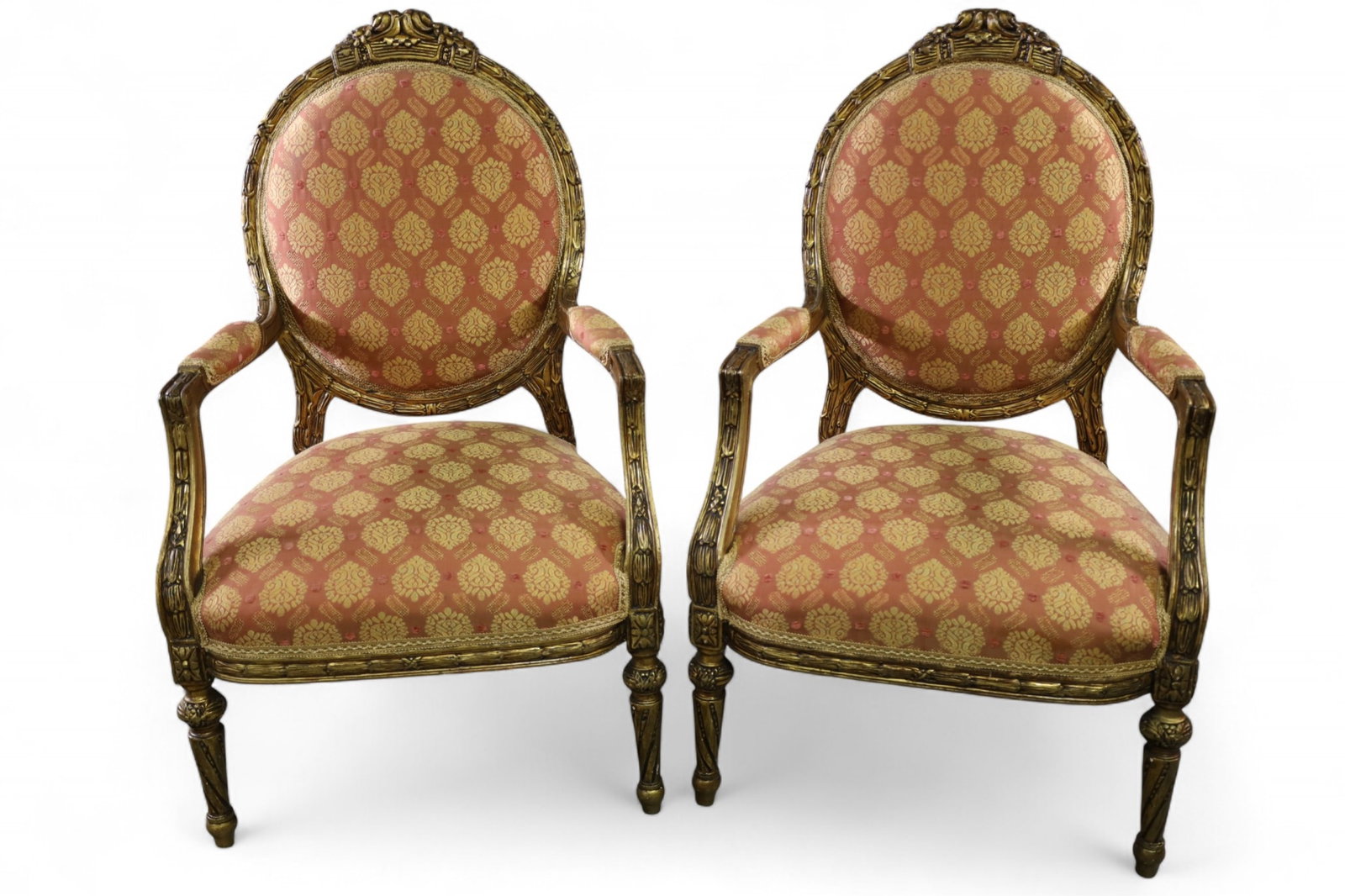 PR. FRENCH STYLE GOLD GILT ARMCHAIRS: LOUIS XV STYLE CHAIRS. 27" X 26" X 43". THIS ITEM EXCEEDS SIZE LIMITATIONS FOR IN HOUSE SHIPPING, MUST BE PICKED UP IN HOUSE OR SHIPPED VIA 3rd PARTY GROUND SHIPPER.