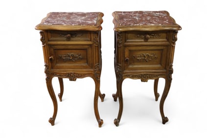 PAIR OF CARVED FRENCH MARBLE TOP NIGHTSTANDS