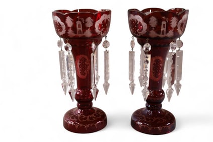 PAIR OF RUBY CUT TO CLEAR GLASS MANTLE LUSTERS