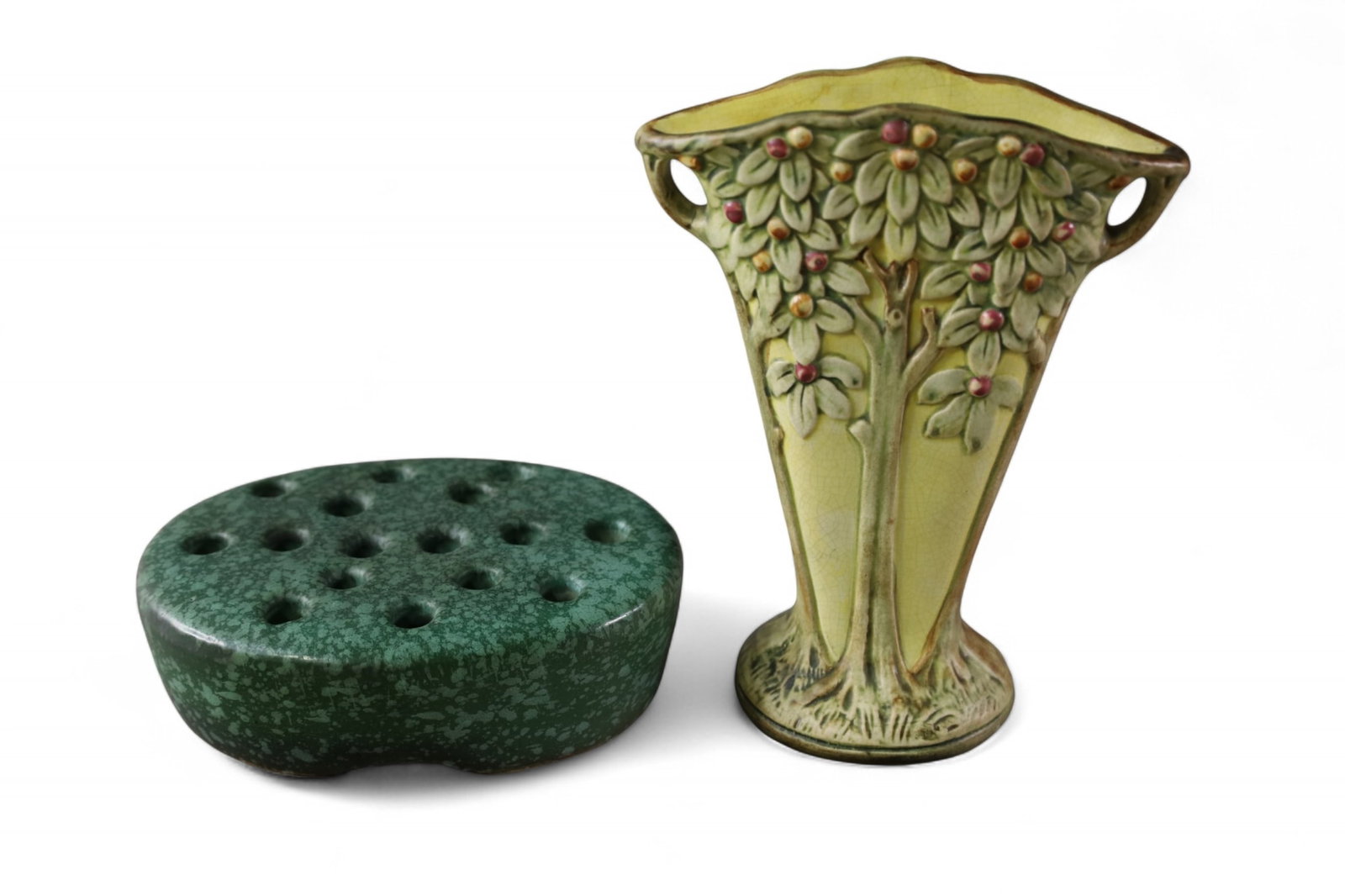 2 PIECES OF WELLER POTTERY: FLORAL DECORATED FAN VASE, & GREEN GLAZED FROG. 5 1/2" - 6" W.