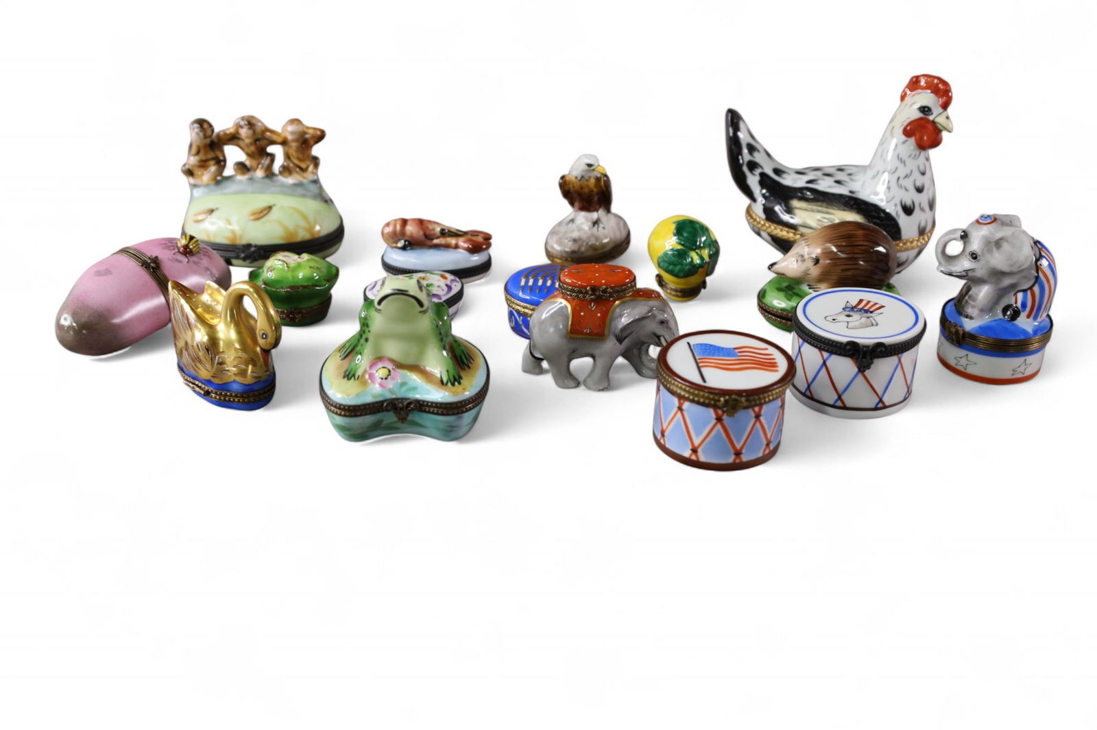 COLLECTION OF PILL BOXES: 16 PILL BOXES INCLUDING. LIMOGES FRANCE, LARGE CHICKEN MARKED TIFFANY & CO. MOSTLY ANIMALS. 1" - 4" W.
