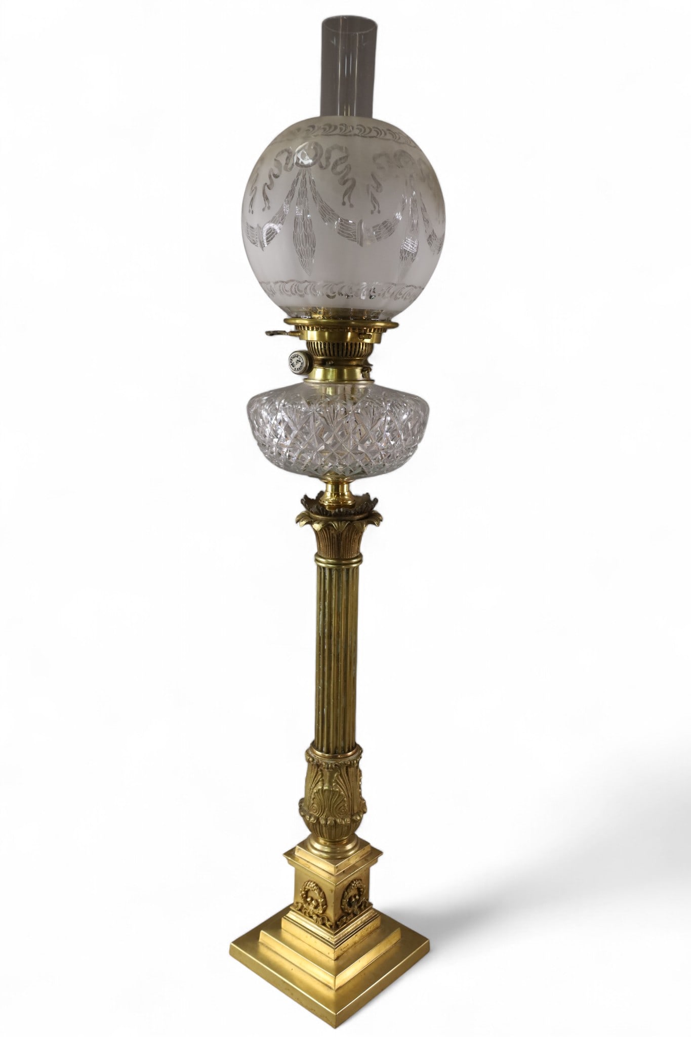 BRONZE OIL LAMP: HINKS'S BRONZE OIL LAMP WITH ETCHED SHADE, NON ELECTRIFIED!. 38" H.