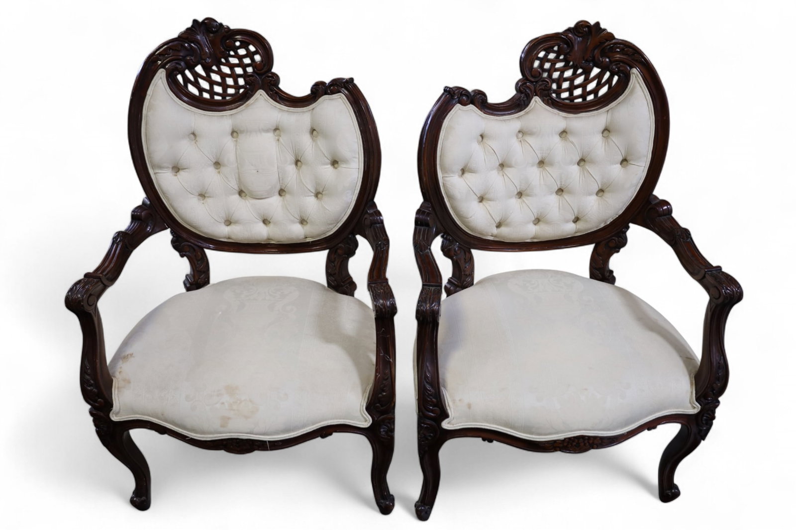 PAIR OF VICTORIAN STYLE AMRCHAIRS: CONTEMPORARY VICTORIAN STYLE PARLOR CHAIRS. NEEDS CLEANED. 26" W x 21" D x 42" H. THIS ITEM EXCEEDS SIZE LIMITATIONS FOR IN HOUSE SHIPPING, MUST BE PICKED UP IN HOUSE OR SHIPPED VIA 3rd PARTY GROUND S