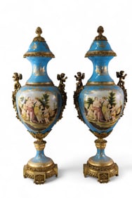 PAIR OF LARGE SEVRES STYLE LIDDED URNS