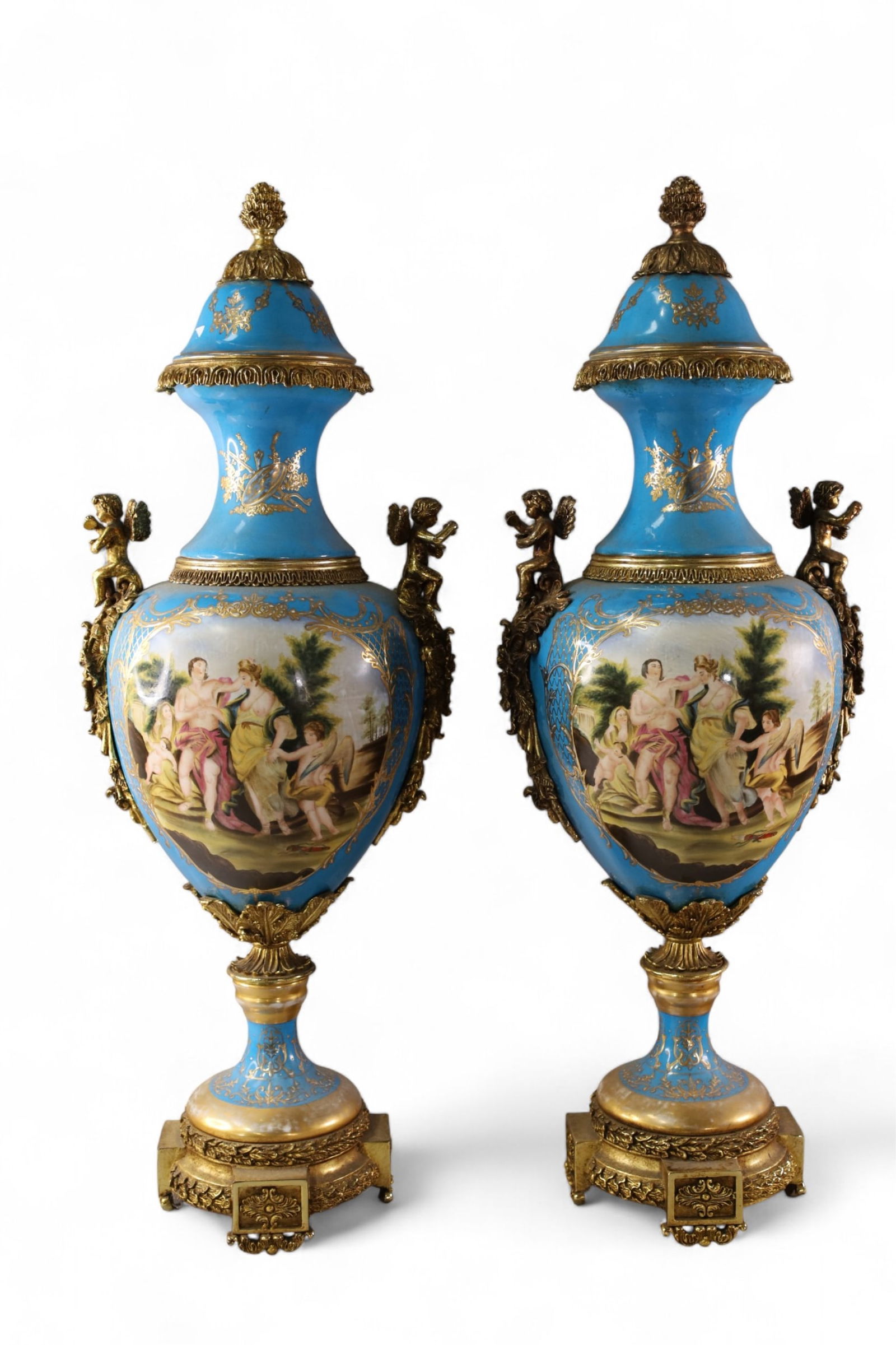 PAIR OF LARGE SEVRES STYLE LIDDED URNS (1 of 4)