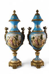 PAIR OF LARGE SEVRES STYLE LIDDED URNS