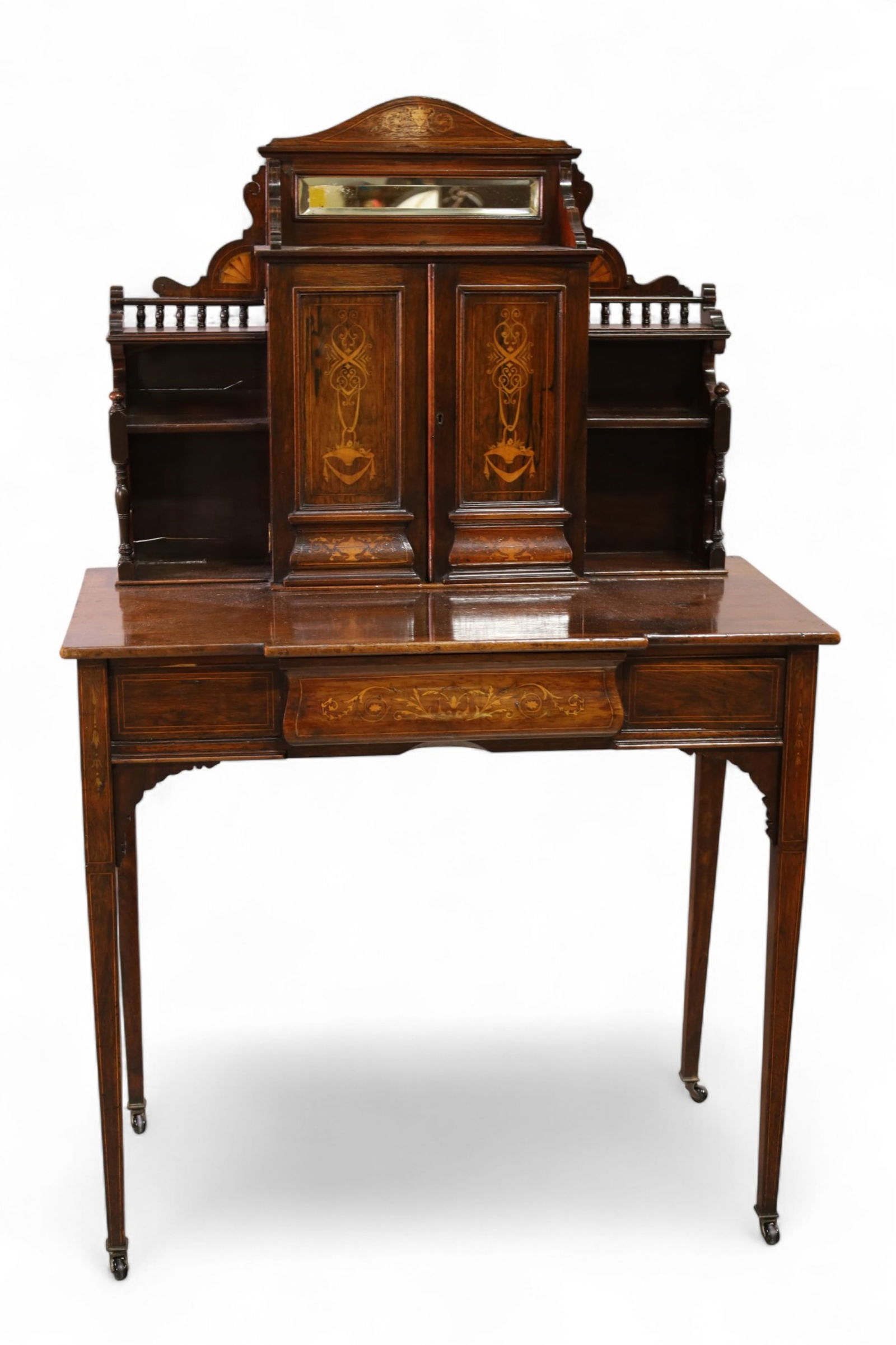 INLAID WRITING DESK: INLAID EDWARDIAN WRITING DESK, UPPER COMPARTMENT WITH TWO DOOR SNA SMALL BEVELED MIRROR. SINGLE DRAWER. 34" W x 19" D x 53" H. THIS ITEM EXCEEDS SIZE LIMITATIONS FOR IN HOUSE SHIPPING, MUST BE PICKED