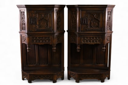 PAIR OF HIGHLY CARVED GOTHIC HALL CABINETS