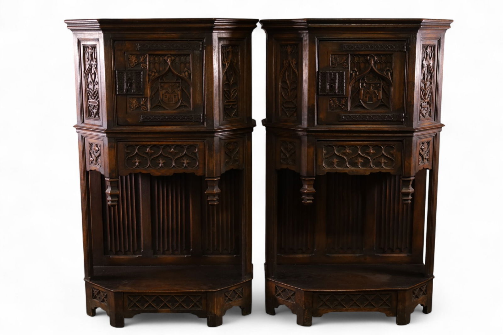 PAIR OF HIGHLY CARVED GOTHIC HALL CABINETS (1 of 4)