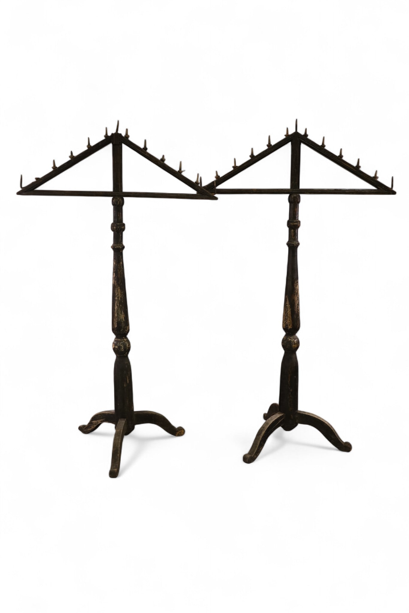 PAIR OF LARGE FLOOR CANDELABRAS: PAIR OF LARGE CARVED WOODEN CANDLE STANDS, PAINTED FINISH, SOME PAINT LOSS. 43" W x 74" H. THIS ITEM EXCEEDS SIZE LIMITATIONS FOR IN HOUSE SHIPPING, MUST BE PICKED UP IN HOUSE OR SHIPPED VIA 3rd PARTY
