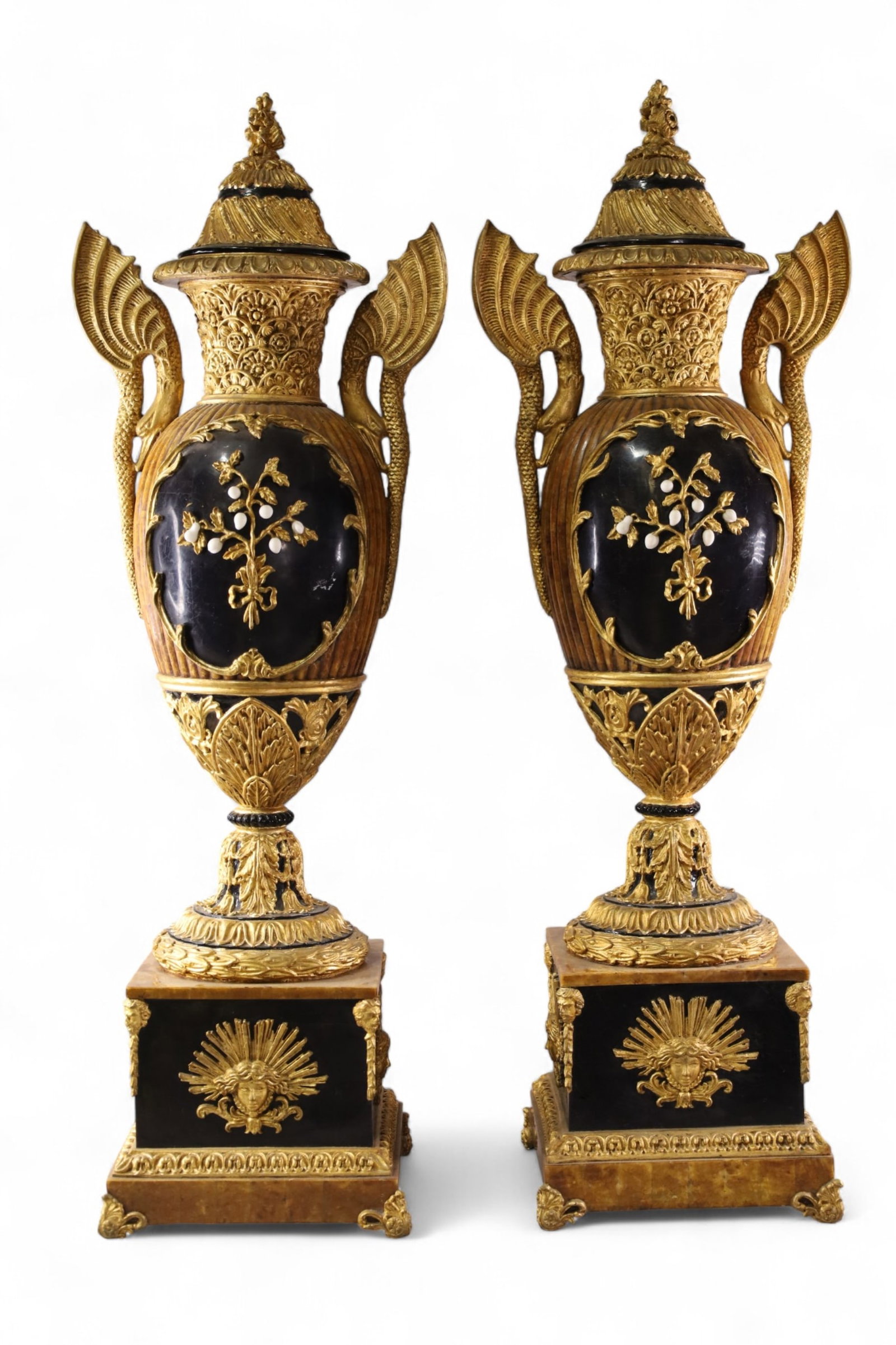 PAIR OF MONUMENTAL LIDDED URNS: PAIR OF LARGE COMPOSITION LIDDED URNS, DRAGON FORM HANDLES. 41" H. THIS ITEM EXCEEDS SIZE LIMITATIONS FOR IN HOUSE SHIPPING, MUST BE PICKED UP IN HOUSE OR SHIPPED VIA 3rd PARTY GROUND SHIPPER.