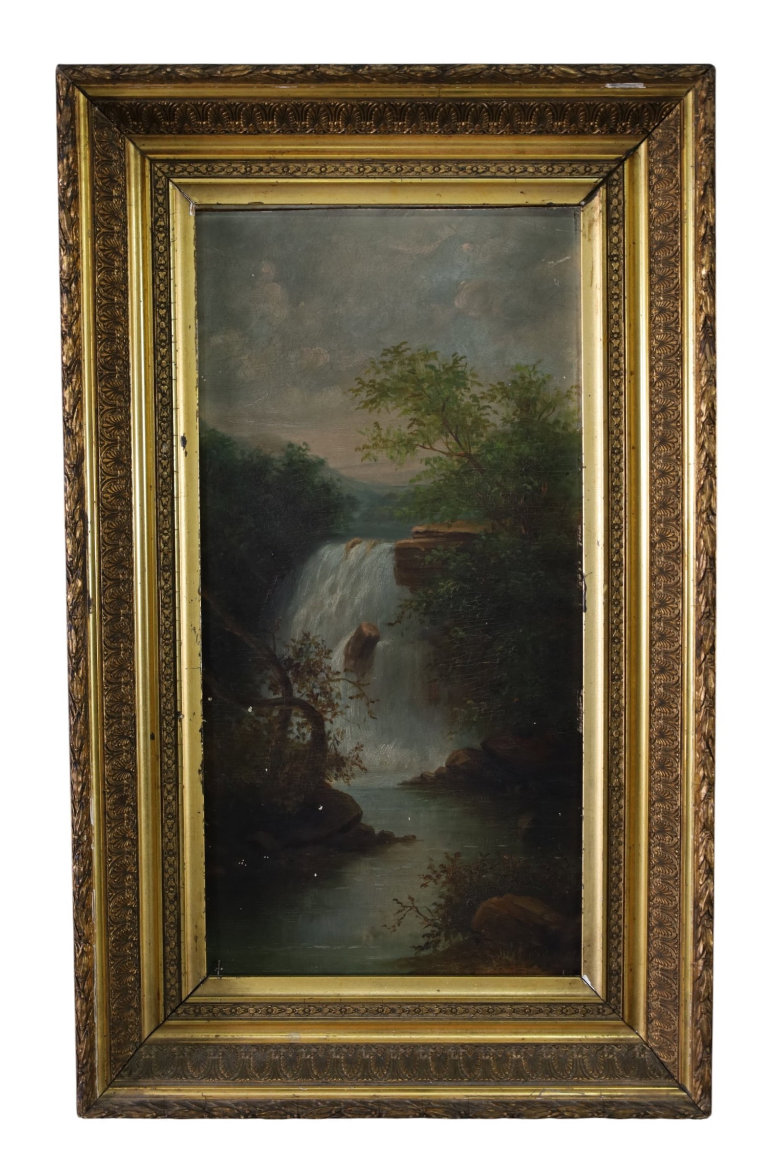 VICTORIAN WATERFALL PAINTING: VICTORIAN WATERFALL PAINTING, IN GILT FRAME. 16" x 26" IN FRAME