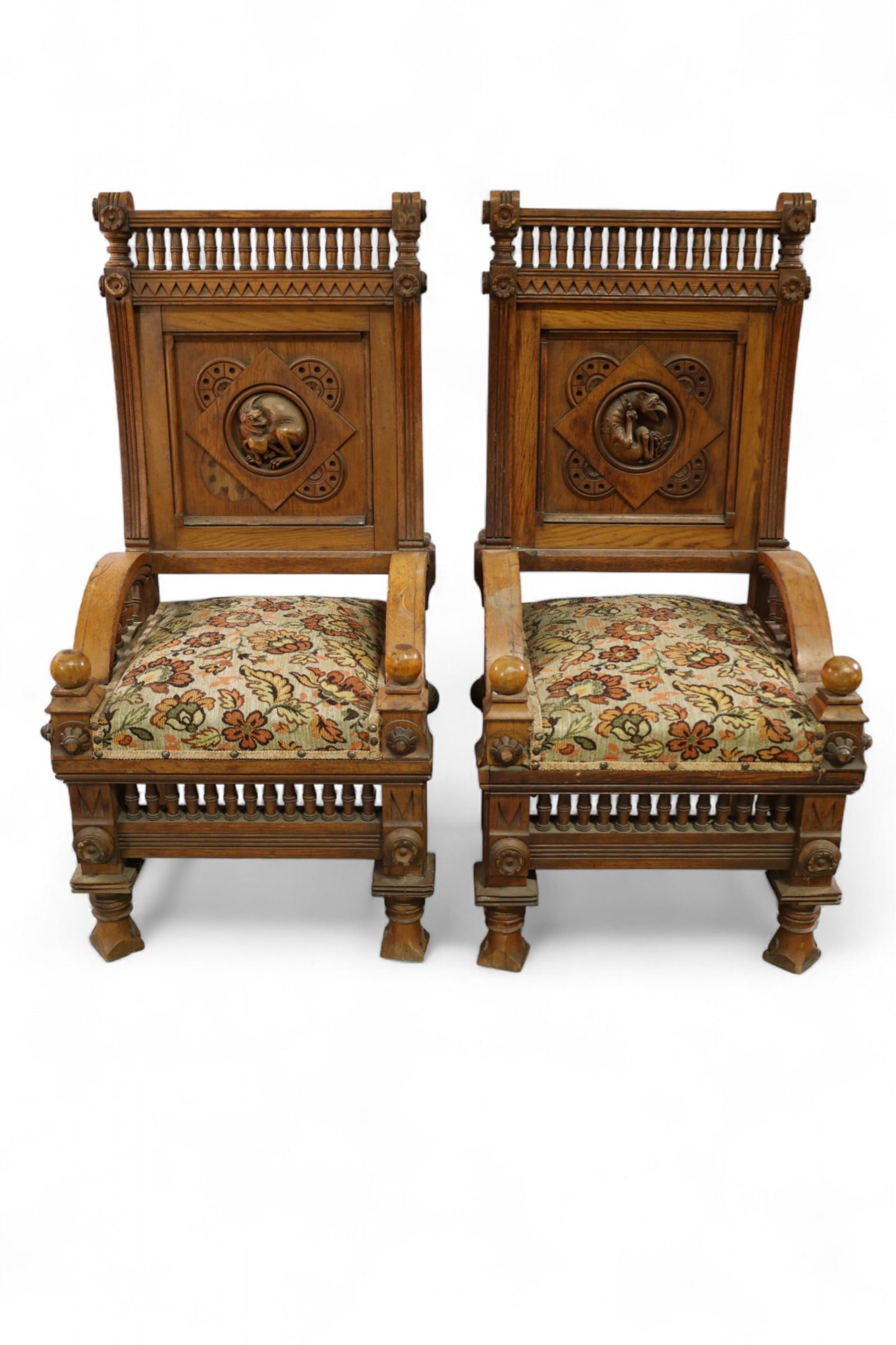 PAIR OF CARVED HALL CHAIRS (1 of 9)