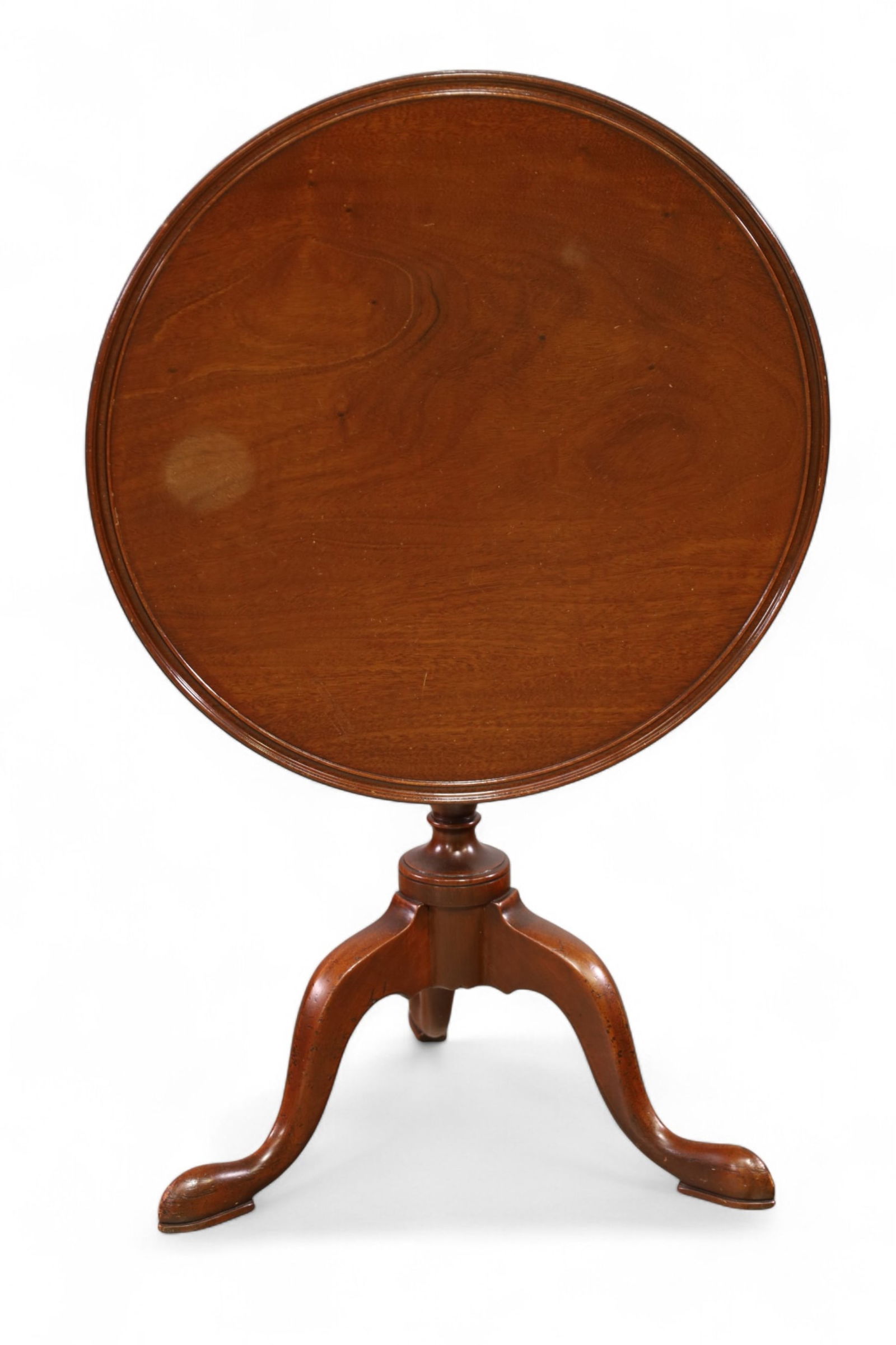 TILT TOP TABLE: MAHOGANY TILT TOP TABLE, 22" DIAM x 23" H. THIS ITEM EXCEEDS SIZE LIMITATIONS FOR IN HOUSE SHIPPING, MUST BE PICKED UP IN HOUSE OR SHIPPED VIA 3rd PARTY GROUND SHIPPER.