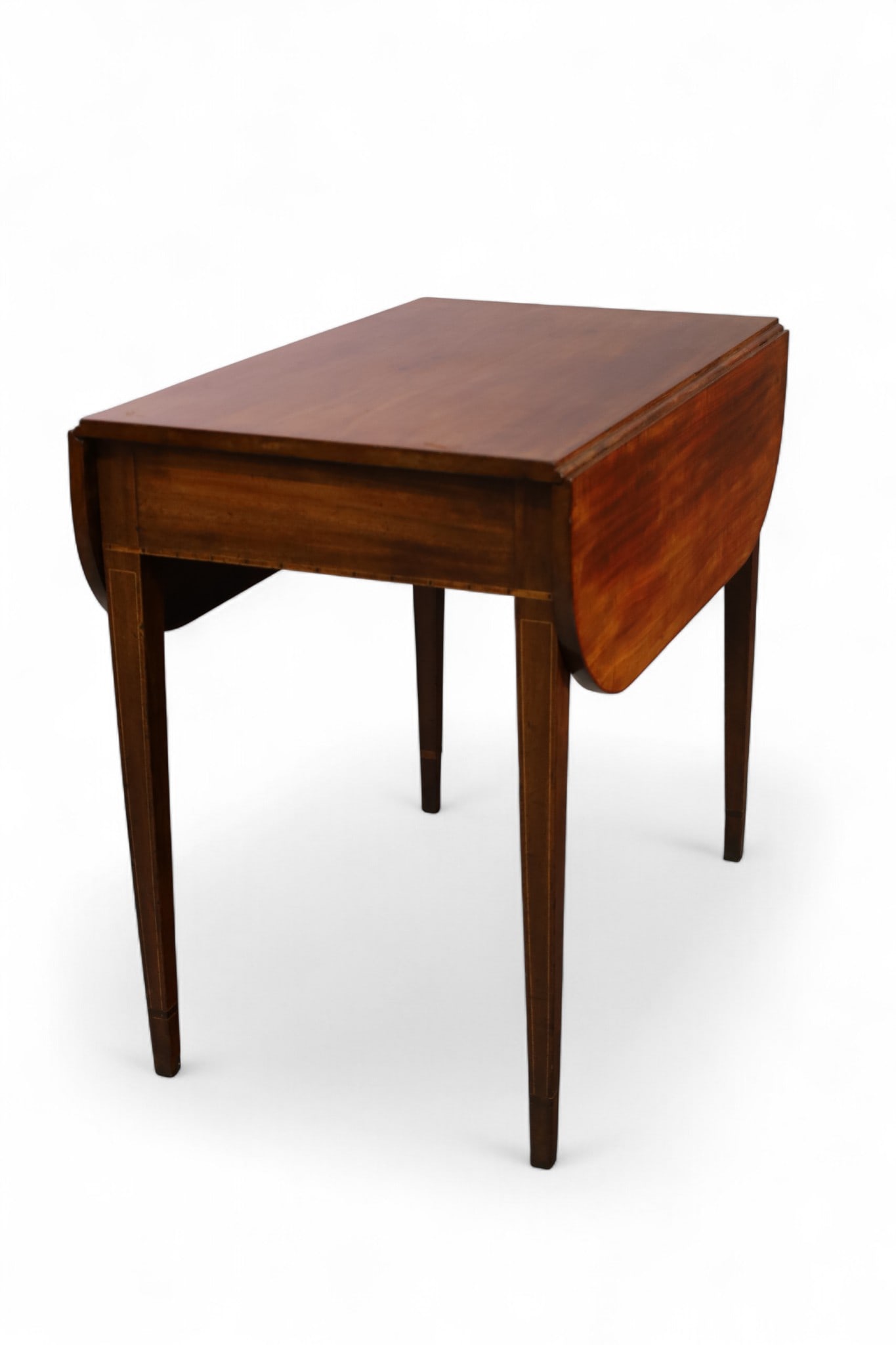 HEPPLEWHITE DROP SIDE TABLE: MAHOGANY, INLAID DROP SIDE HEPPLEWHITE TABLE, 19" W x 32" D x 29" H. & 10" DROP SIDES. THIS ITEM EXCEEDS SIZE LIMITATIONS FOR IN HOUSE SHIPPING, MUST BE PICKED UP IN HOUSE OR SHIPPED VIA 3rd PARTY GRO