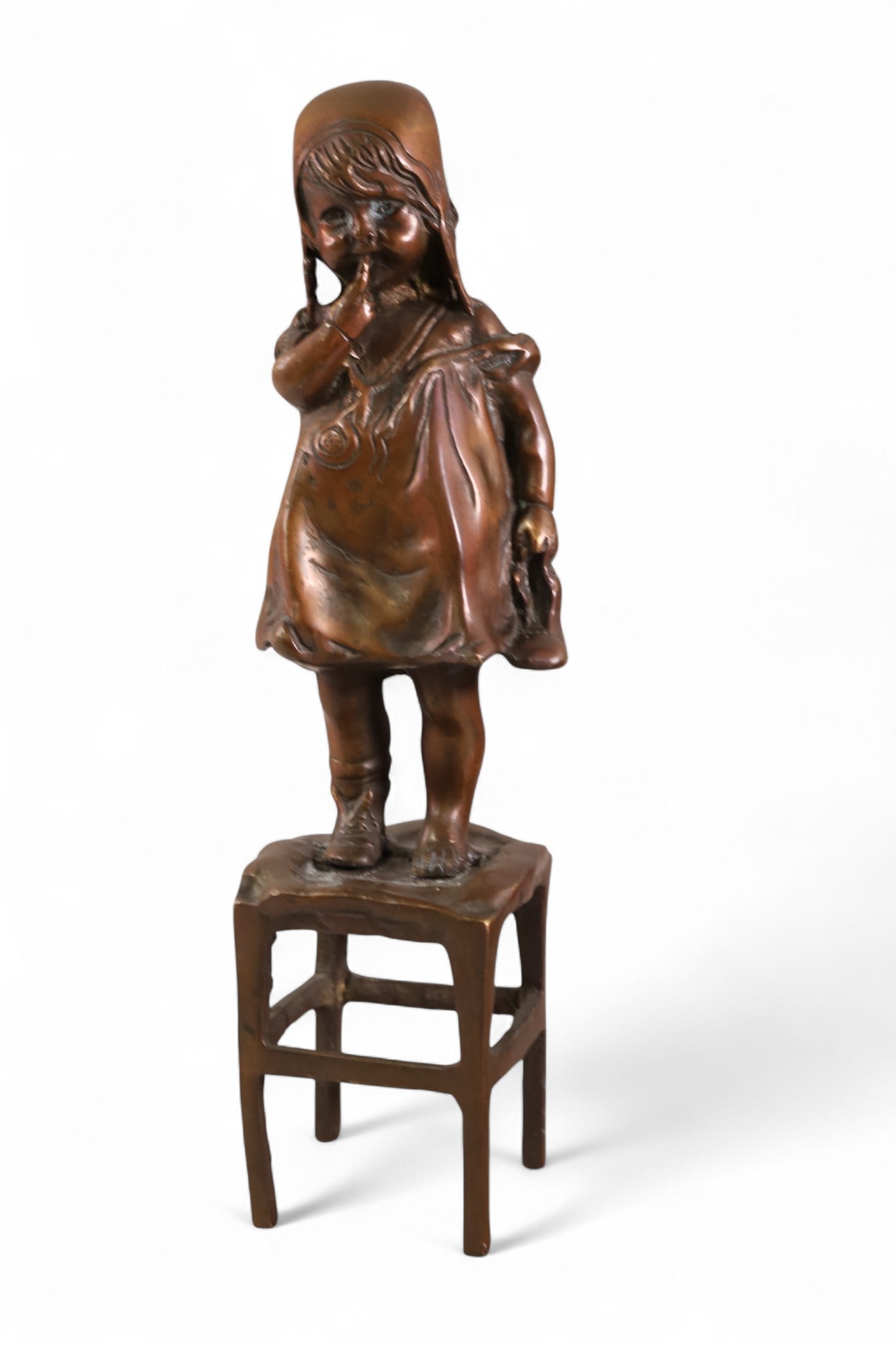 GIRL BRONZE: GIRL ON STOOL BRONZE FIGURE. 12" H.