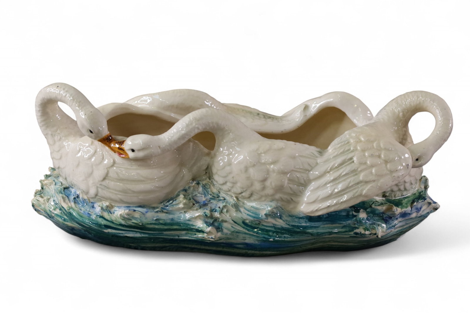 ITALIAN SWAN CENTER PIECE: LARGE ITALIAN SWAN FORM CENTER BOWL, HAND PAINTED PORCELAIN. 17" W.