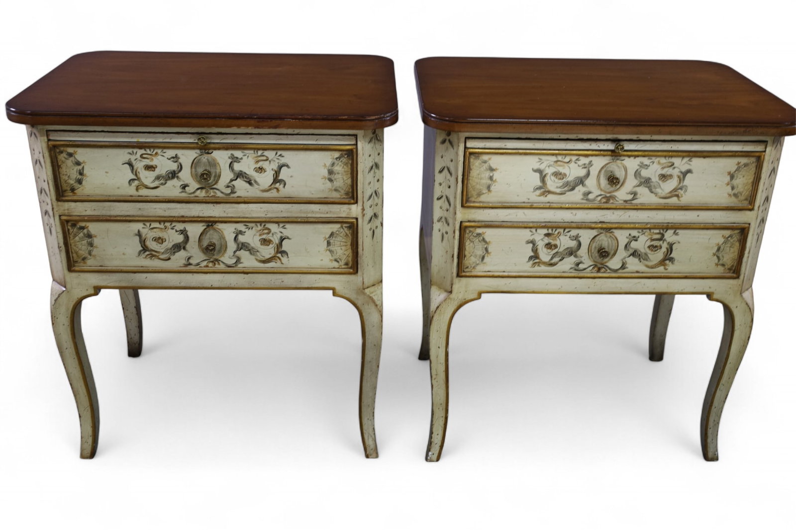 PAIR OF KARGES NIGHTSTANDS: PAIR OF FLORAL DECORATED, TWO DRAWER KARGES NIGHTSTANDS, 25 1/2" W x 18" D x 28" H. THIS ITEM EXCEEDS SIZE LIMITATIONS FOR IN HOUSE SHIPPING, MUST BE PICKED UP IN HOUSE OR SHIPPED VIA 3rd PARTY GROUND
