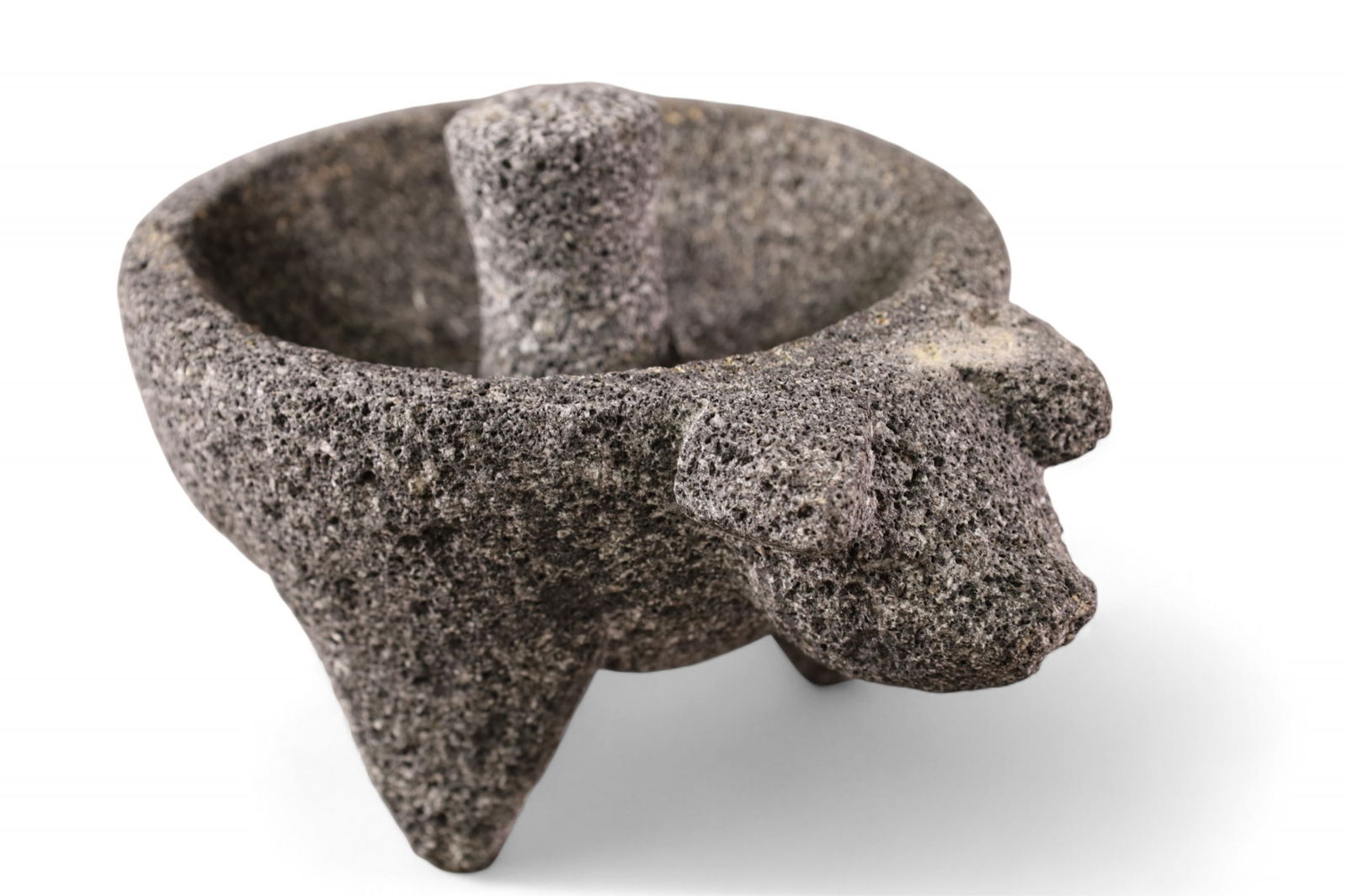 MORTAR AND PESTLE: STONE MORTAR AND PESTLE, ANIMAL FORM. 8" DIAM. 5" H.