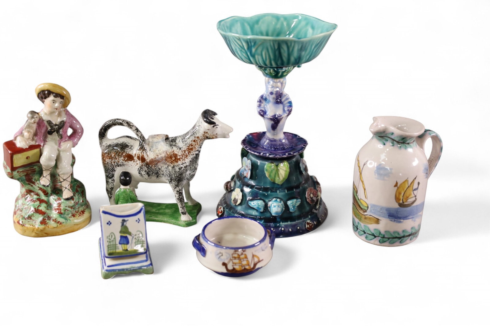 COLLECTION OF PORCELAIN: STAFFORDSHIRE, QUIMPER, AND MORE. FIGURES, PITCHER, AND MORE. 3' " - 6 1/2" W