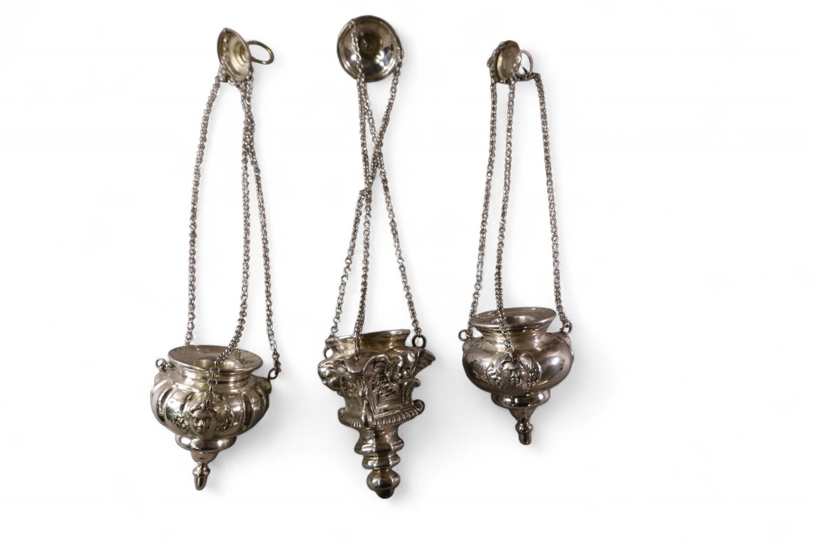 SET OF 3 THURIBLES: SET OF 3 HANGING THURIBLES. 17" H.