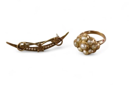 18K GOLD & PEARL LADY'S RING & 14K GOLD PIN