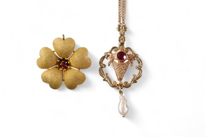 14K AND RUBY PIN & 10K AND RUBY PENDANT
