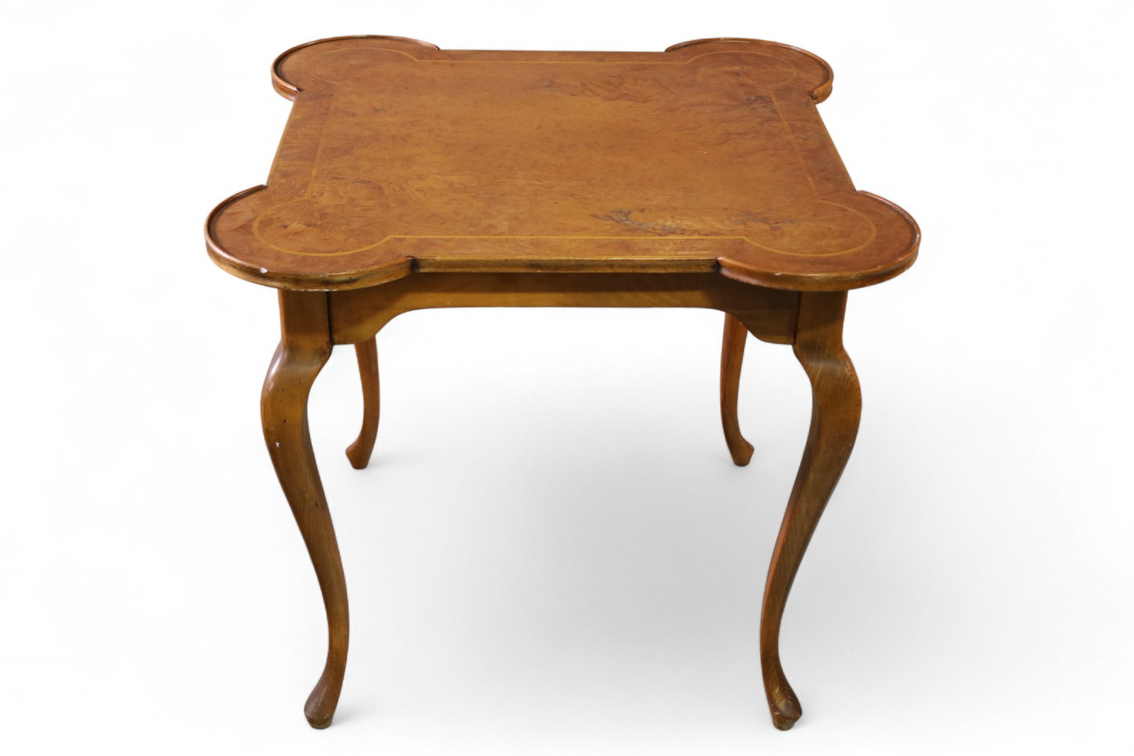 BURLED LAMP TABLE: BURLED TOP LAMP TABLE, WEAR TO FINISH. 33" x 33" x 30" H. THIS ITEM EXCEEDS SIZE LIMITATIONS FOR IN HOUSE SHIPPING, MUST BE PICKED UP IN HOUSE OR SHIPPED VIA 3rd PARTY GROUND SHIPPER.