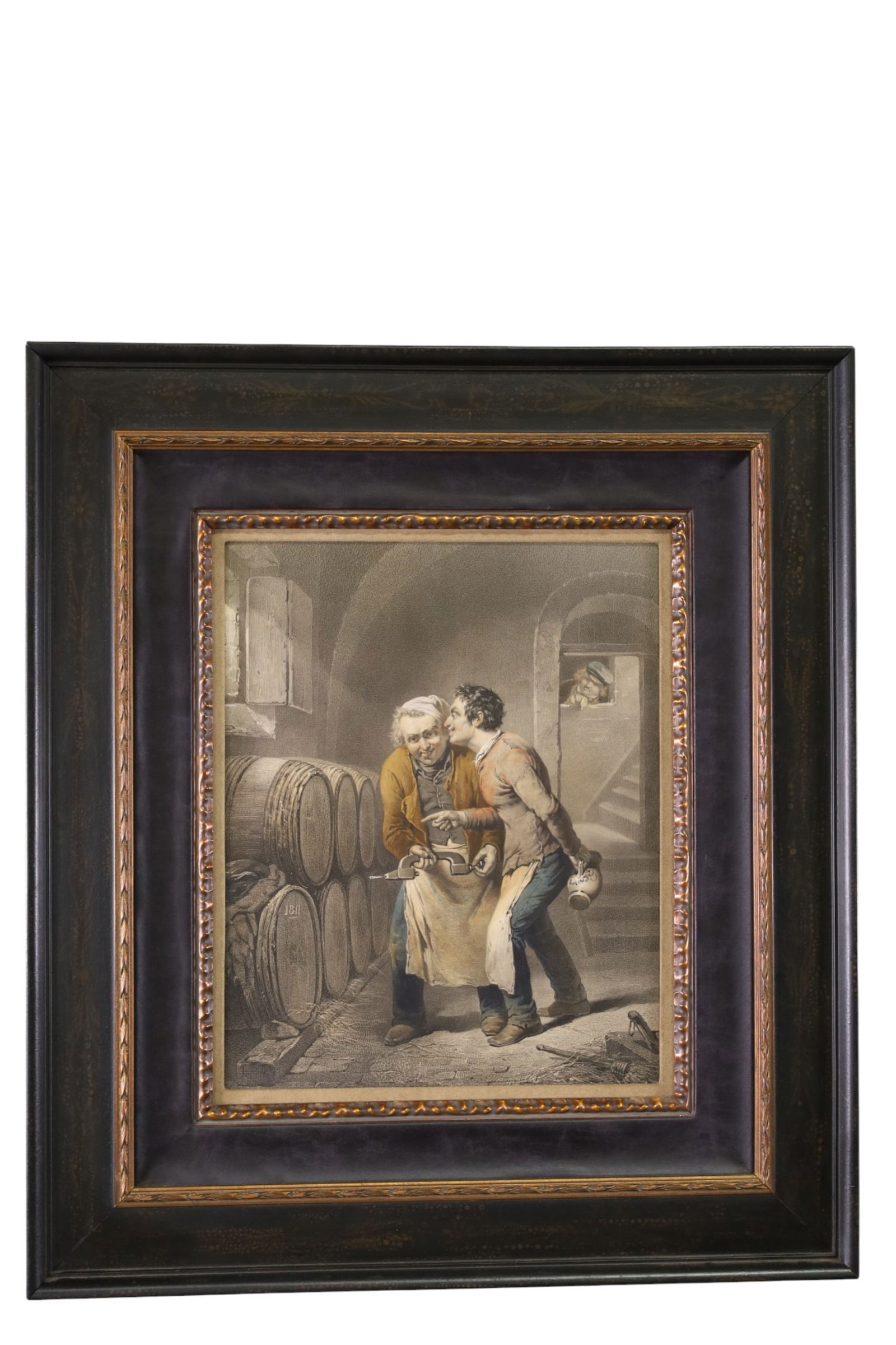 FRAMED ANTIQUE ENGRAVING: FRAMED BARREL ROOM (BEER) ENGRAVING, UNMARKED. 26" x 29"