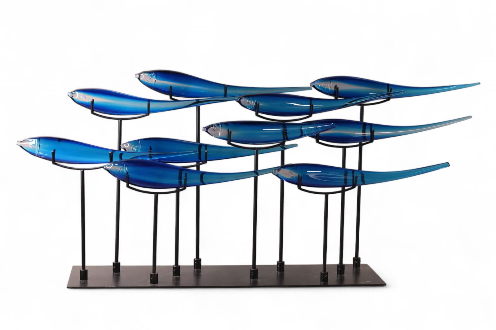 DALE TIFFANY ART GLASS FISH SCULPTURE: LARGE ART GLASS SCHOOL OF FISH SCULPTURE, AFTER DALE TIFFANY, WITH CUSTOM BASE. 30" W x 19 1/2" H. THIS ITEM EXCEEDS SIZE LIMITATIONS FOR IN HOUSE SHIPPING, MUST BE PICKED UP IN HOUSE OR SHIPPED VIA 3