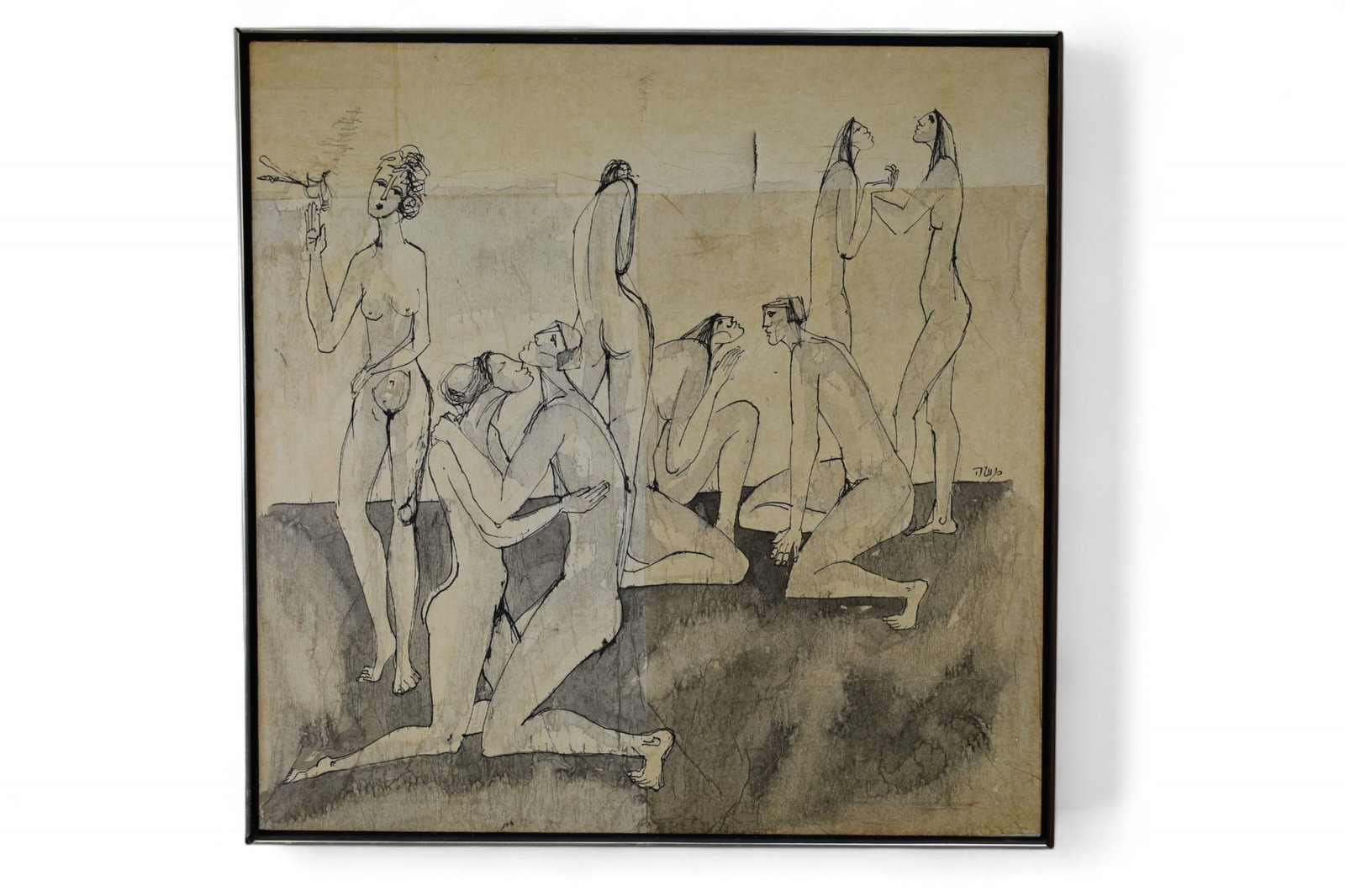 MISHA ARGIV NUDE PAINTING: LARGE OIL ON CANVAS, NUDE ABSTRACT, SIGNED LOWER RIGHT, LARGE TEAR. 37" x 37"
