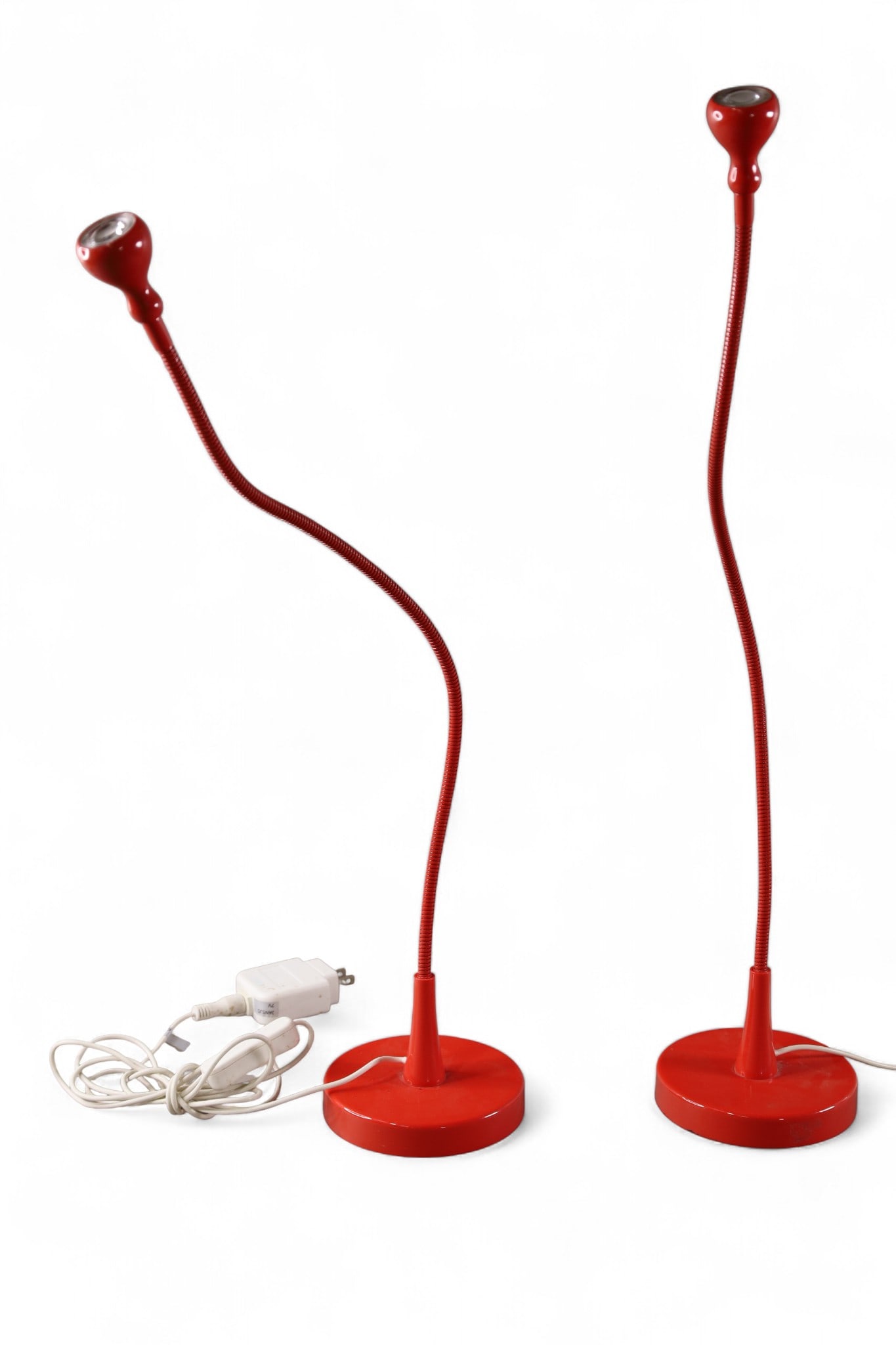 PAIR OF RED DESK LAMPS: BENDABLE RED DESK LAMPS, 14" H.