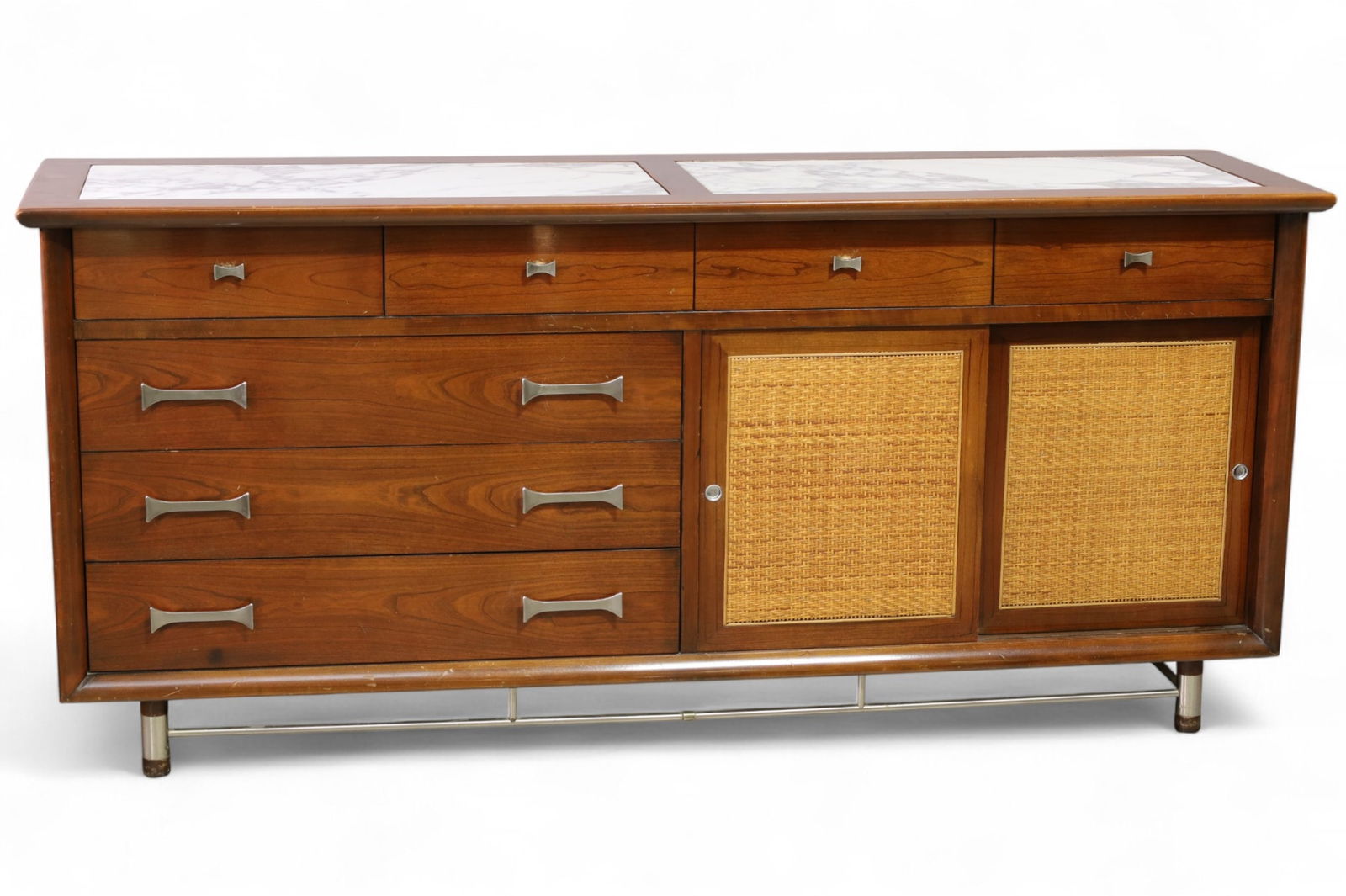 MID CENTURY MODERN DRESSER: INSET MARBLE TOP, SLIDING DOORS WITH INTERIOR FITTED DRAWERS, WEAR TO FINISH, SCRATCHES. 72" W x 20" D x 32" H. THIS ITEM EXCEEDS SIZE LIMITATIONS FOR IN HOUSE SHIPPING, MUST BE PICKED UP IN HOUSE OR
