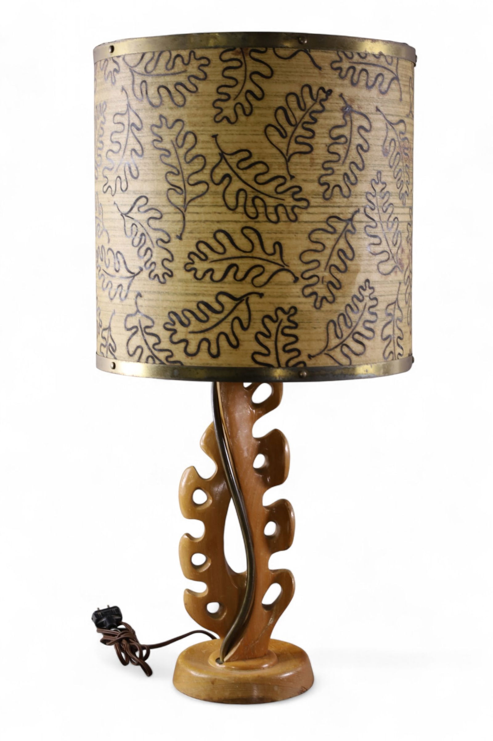 MID CENTURY MODERN TABLE LAMP: WOOD TABLE LAMP WITH LARGE SHADE, 29" H.