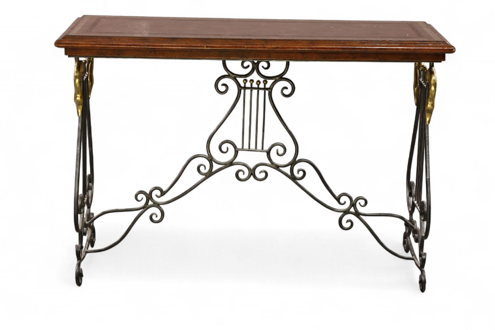 DESIGNER CONSOLE TABLE: MAISON JENSEN STYLE LEATHER WRAPPED TOP CONSOLE OR HALL TABLE, UNMARKED. SWAN HEAD. 44" L x 17" D x 30" H. THIS ITEM EXCEEDS SIZE LIMITATIONS FOR IN HOUSE SHIPPING, MUST BE PICKED UP IN HOUSE OR SHIPP